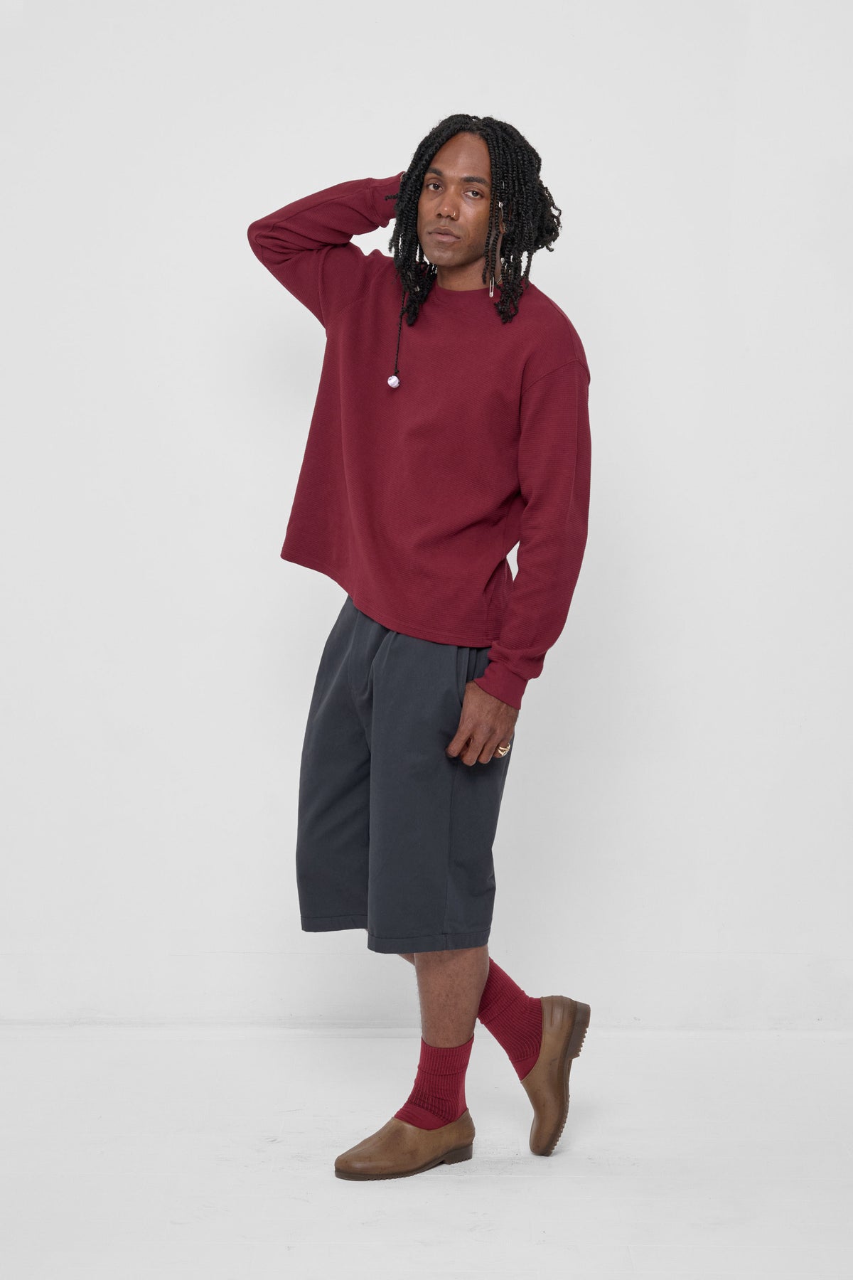 Thermal Trash Tee in Garnet – 3/4 front view on model, styled with Slate Bermuda Shorts