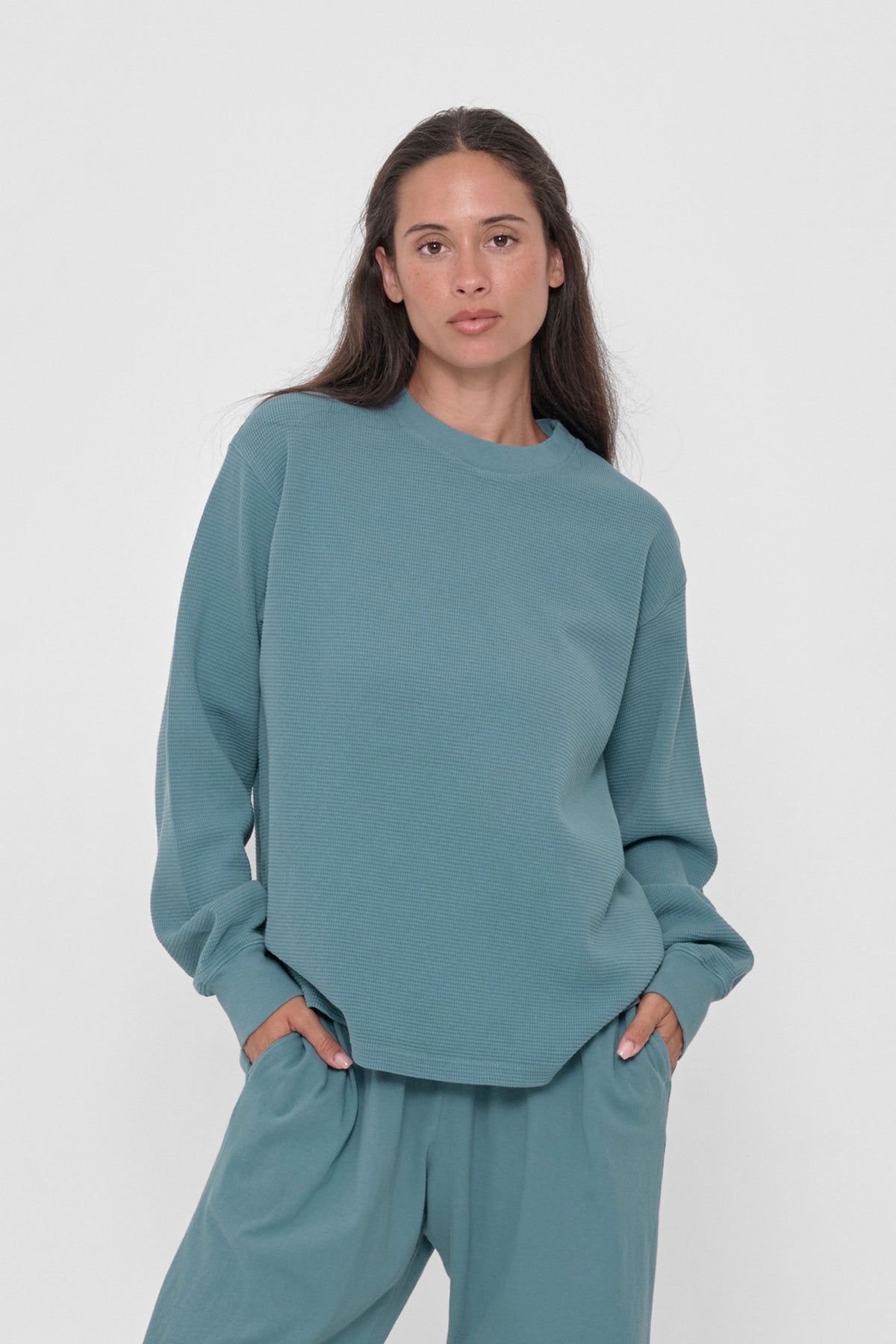 Thermal Trash Tee in Oyster – front view on model