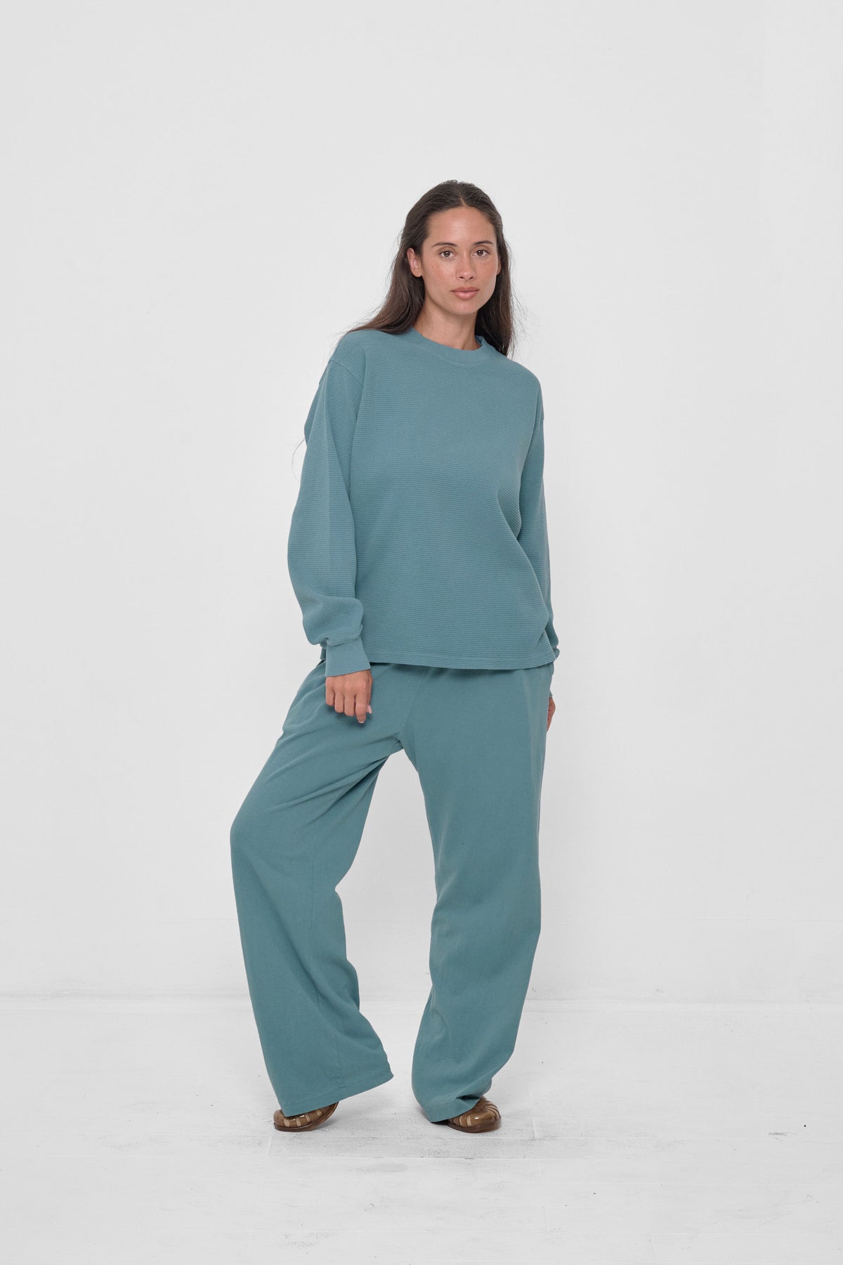 Thermal Trash Tee in Oyster – front view on model, styled with matching Apartment Pants and Plasticana sandals