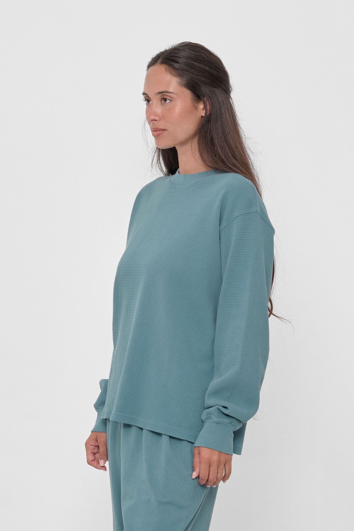 Thermal Trash Tee in Oyster – 3/4 front view on model