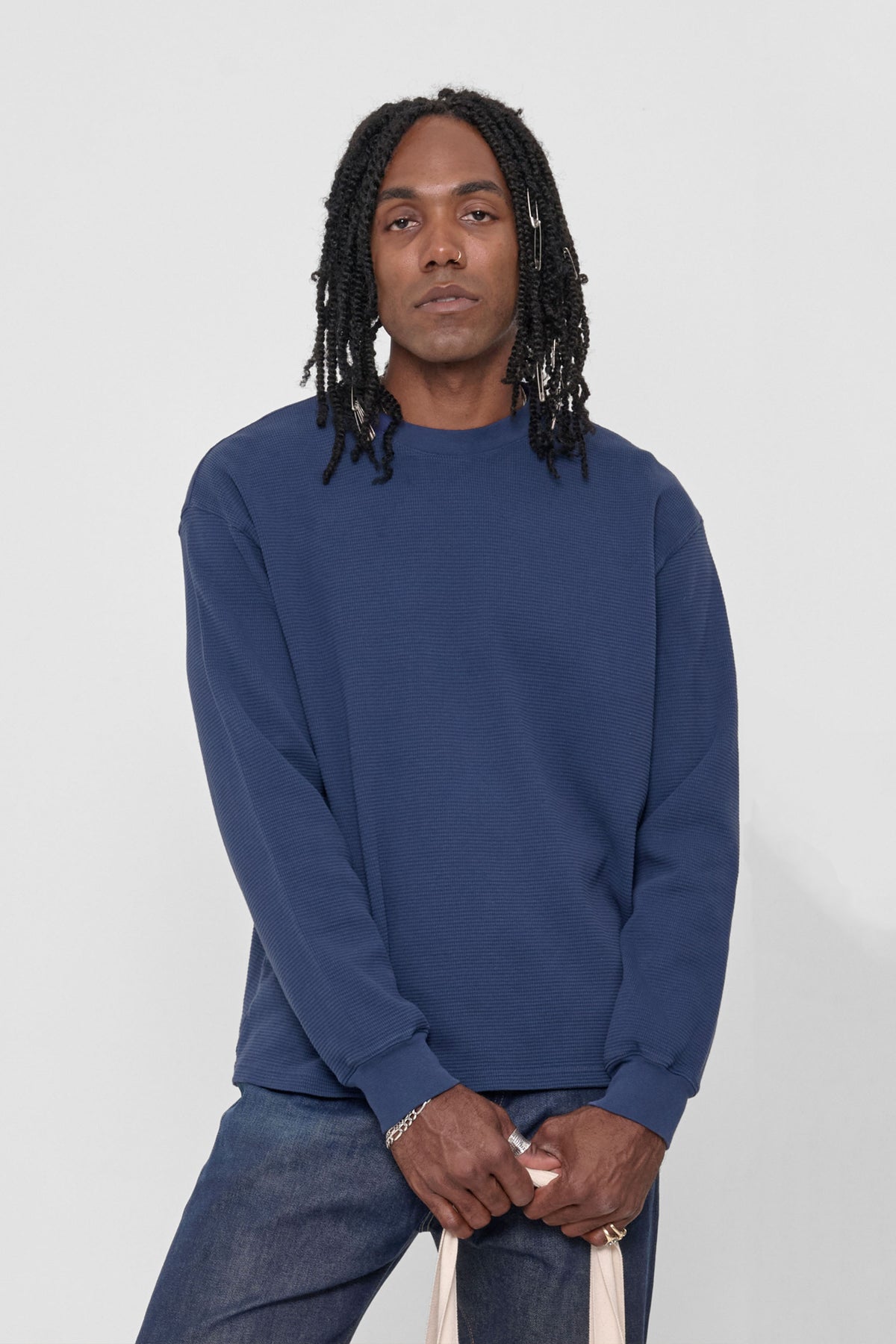 Thermal Trash Tee in Washed Navy – front view on model