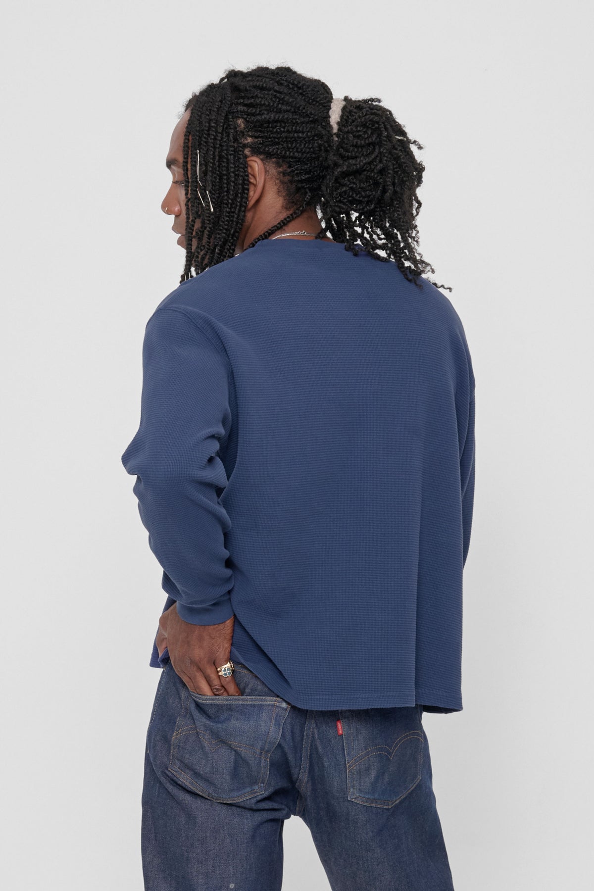Thermal Trash Tee in Washed Navy – back view on model