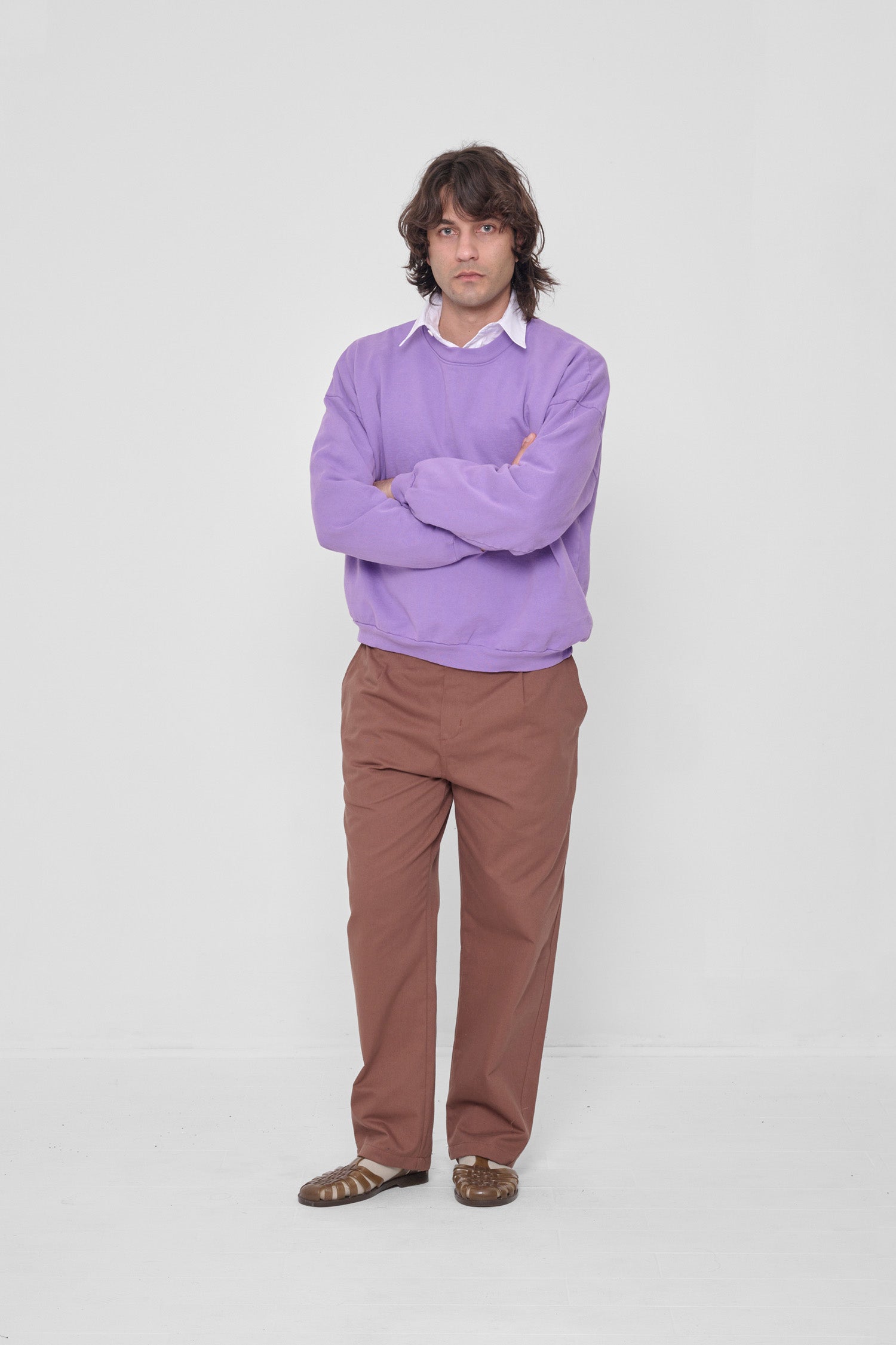 Styled over White Peach Fuzz Cropped Button Up and Potting Soil Life Uniform Pants. 