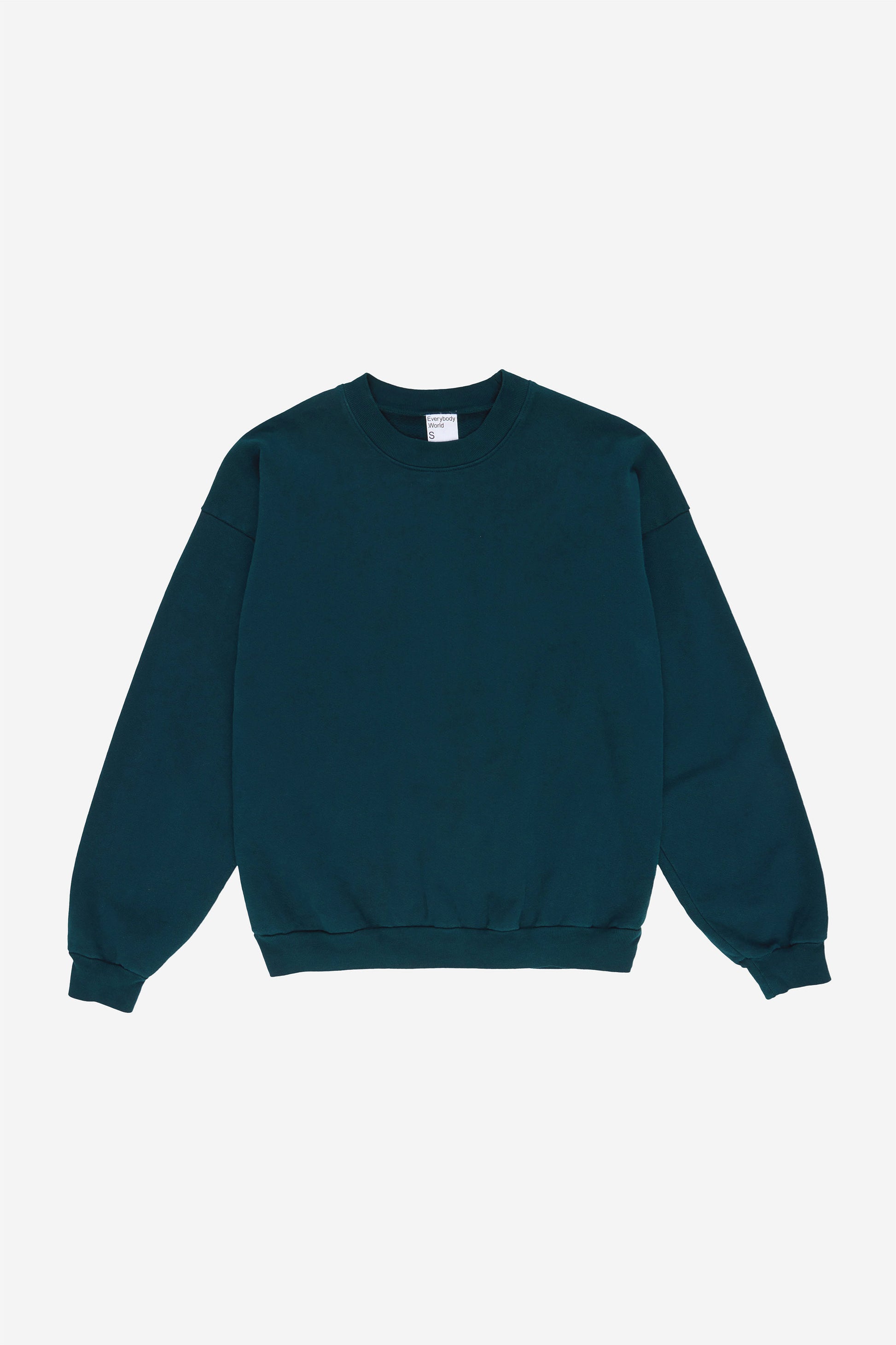 Flat lay front view of dark teal Juniper Trash Crewneck.