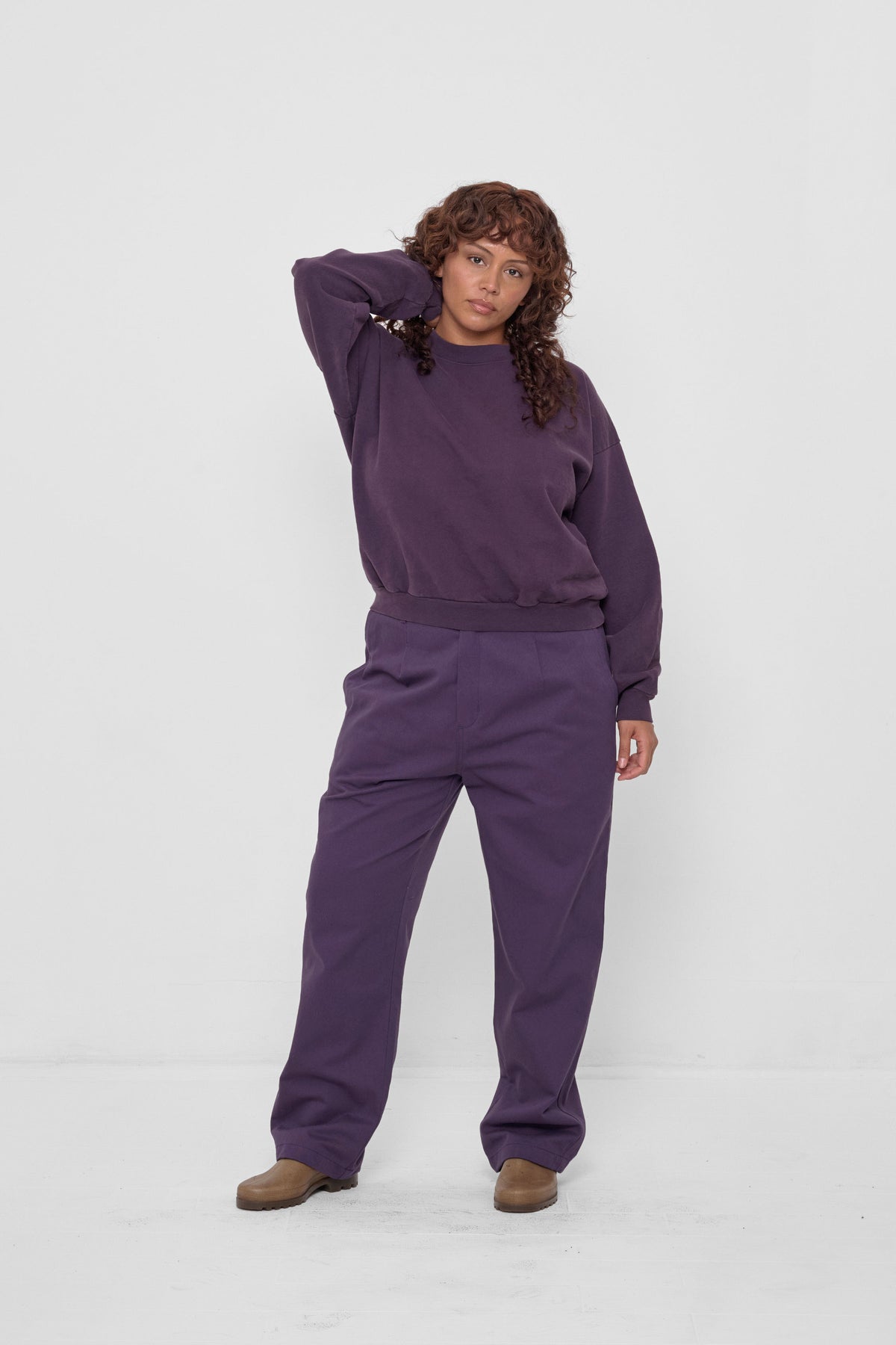 Trash Crewneck in Washed Mulberry – full body view on model, styled with matching Life Uniform Pants