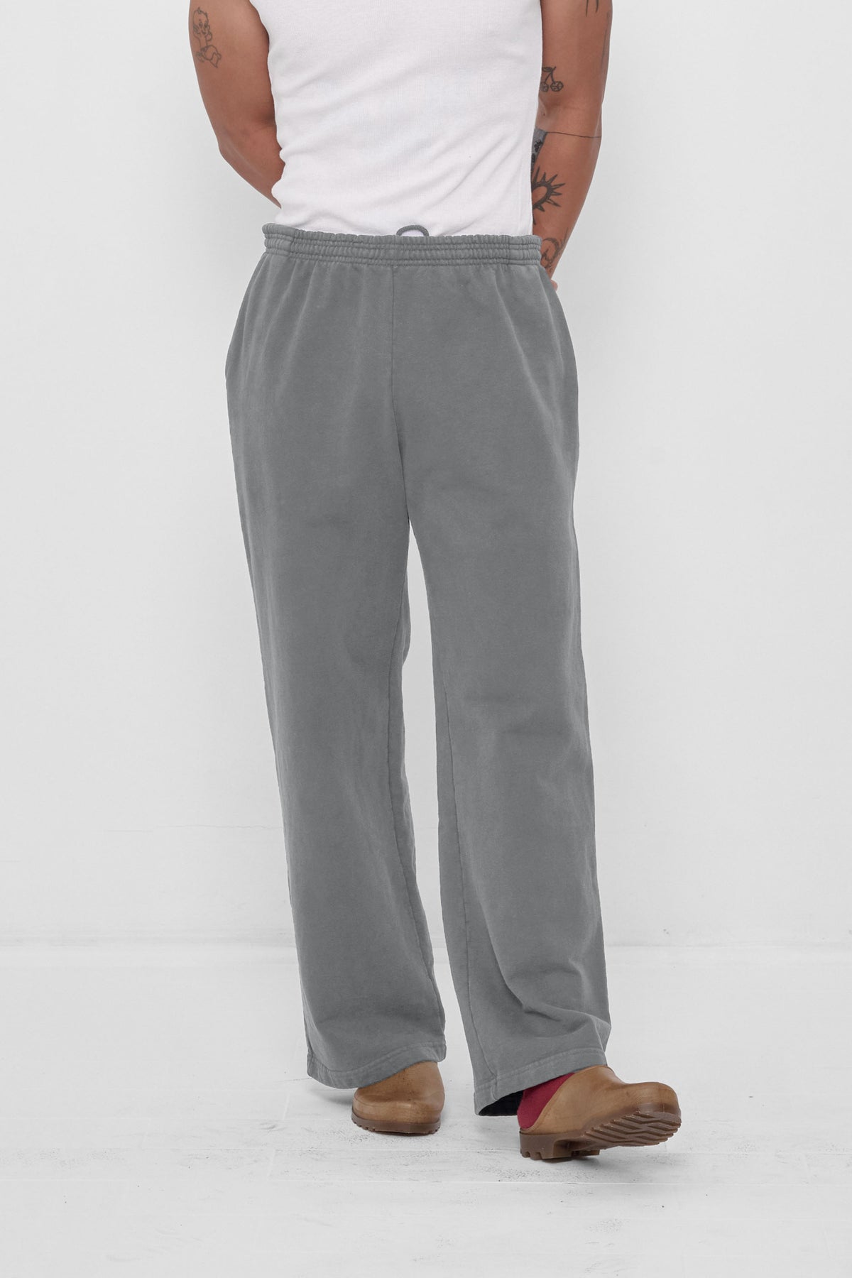 Trash Fleece Apartment Pants in Stone – front view on model