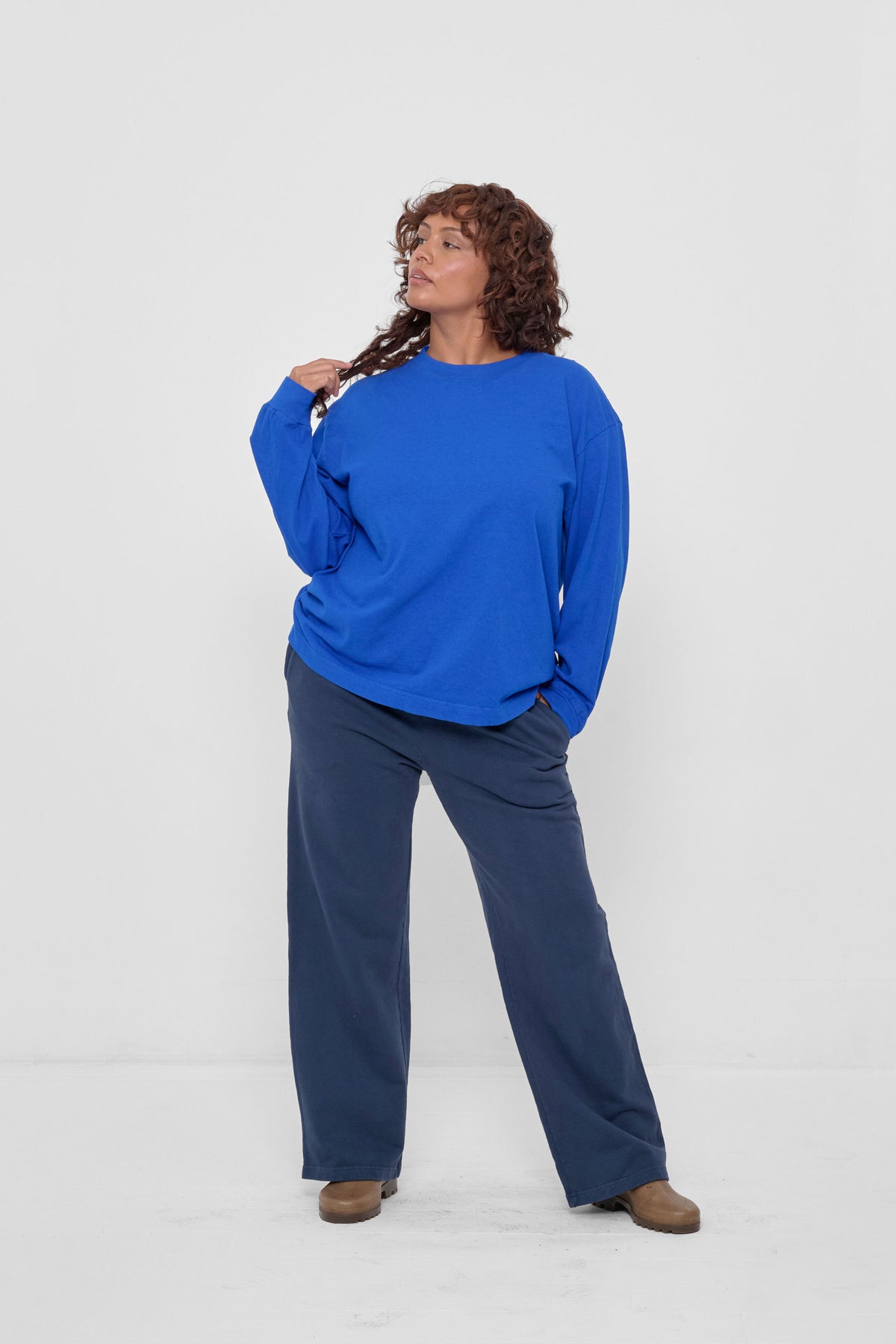 Trash Fleece Apartment Pants in Washed Navy - full body view on model, styled with Lapis Long Sleeve Boxier Trash Tee