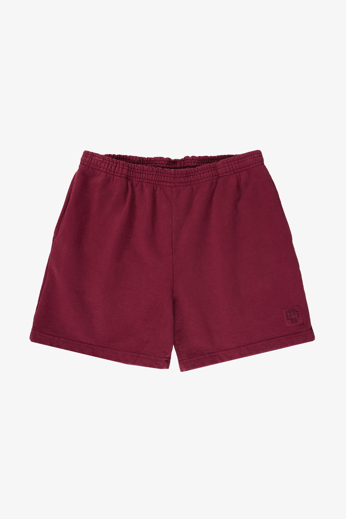 Trash Fleece Everyday Shorts in Garnet – flat lay, front view, no model. Shows logo printed in dark gray