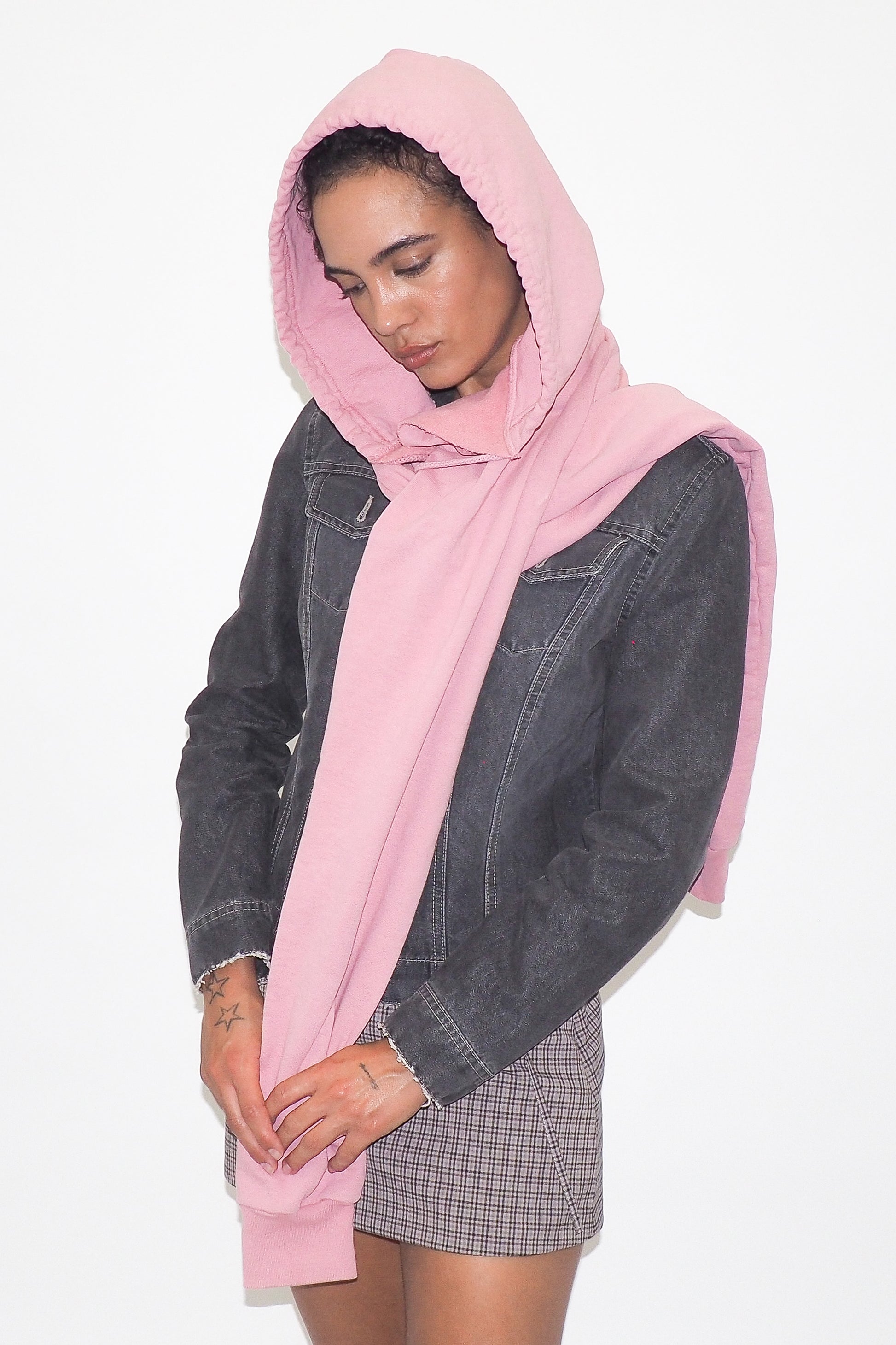 Wild Rose Clyde x Everybody.World Hoodie Scarf with hood on. 