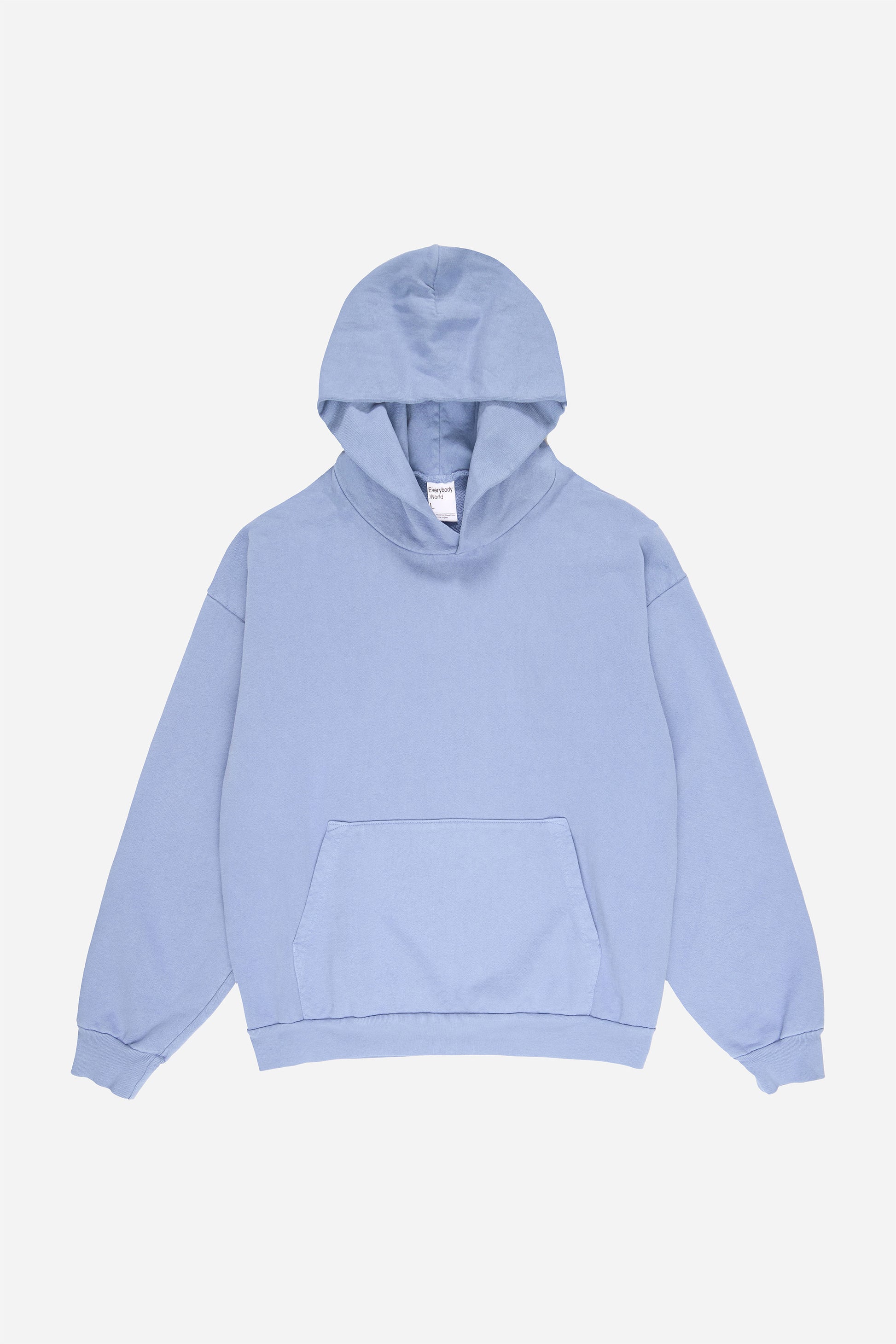 Flat lay front view of Periwinkle Trash Hoodie with hood lifted above the collar.
