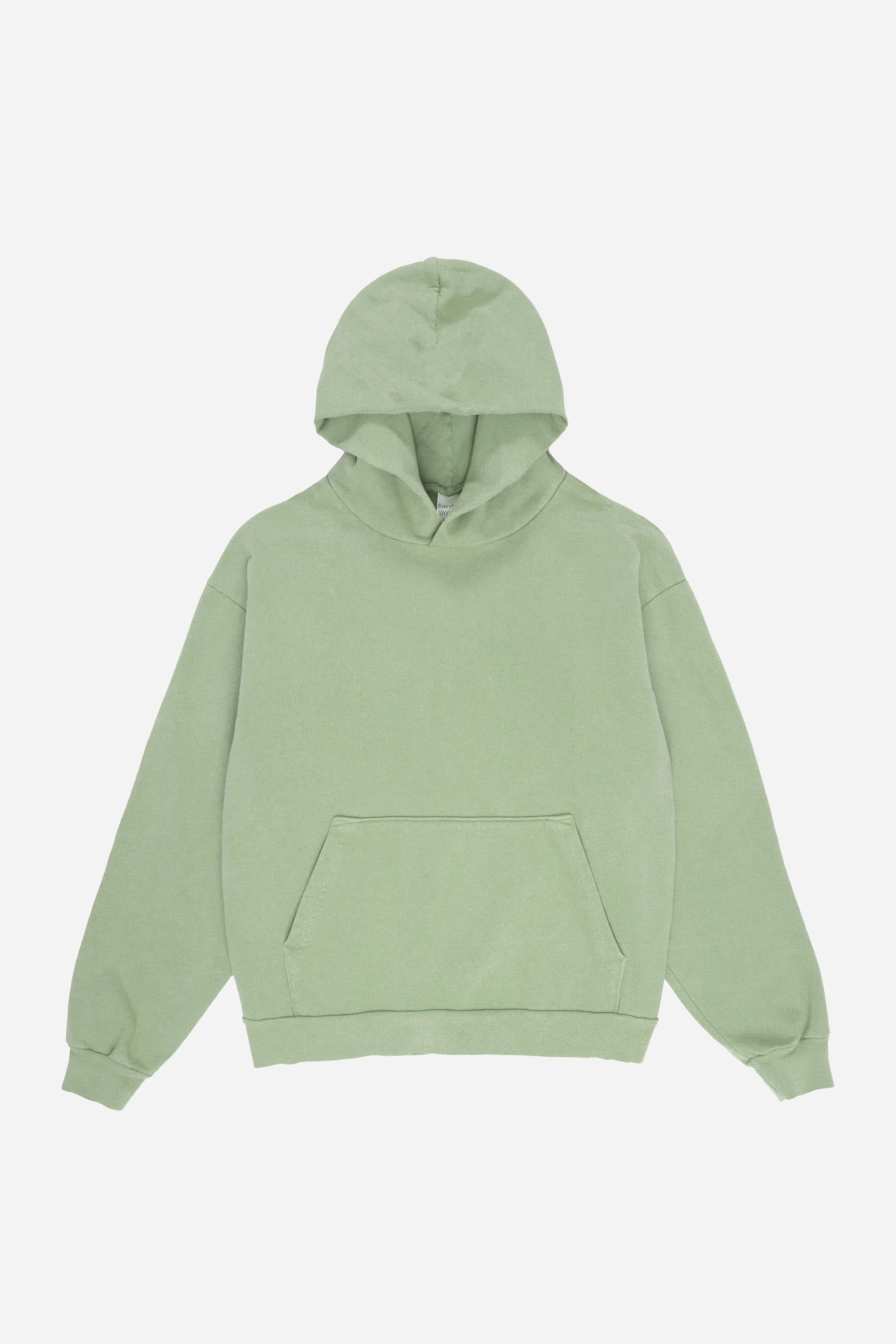 Flat lay front view of Wasabi Trash Hoodie with hood lifted above the collar.