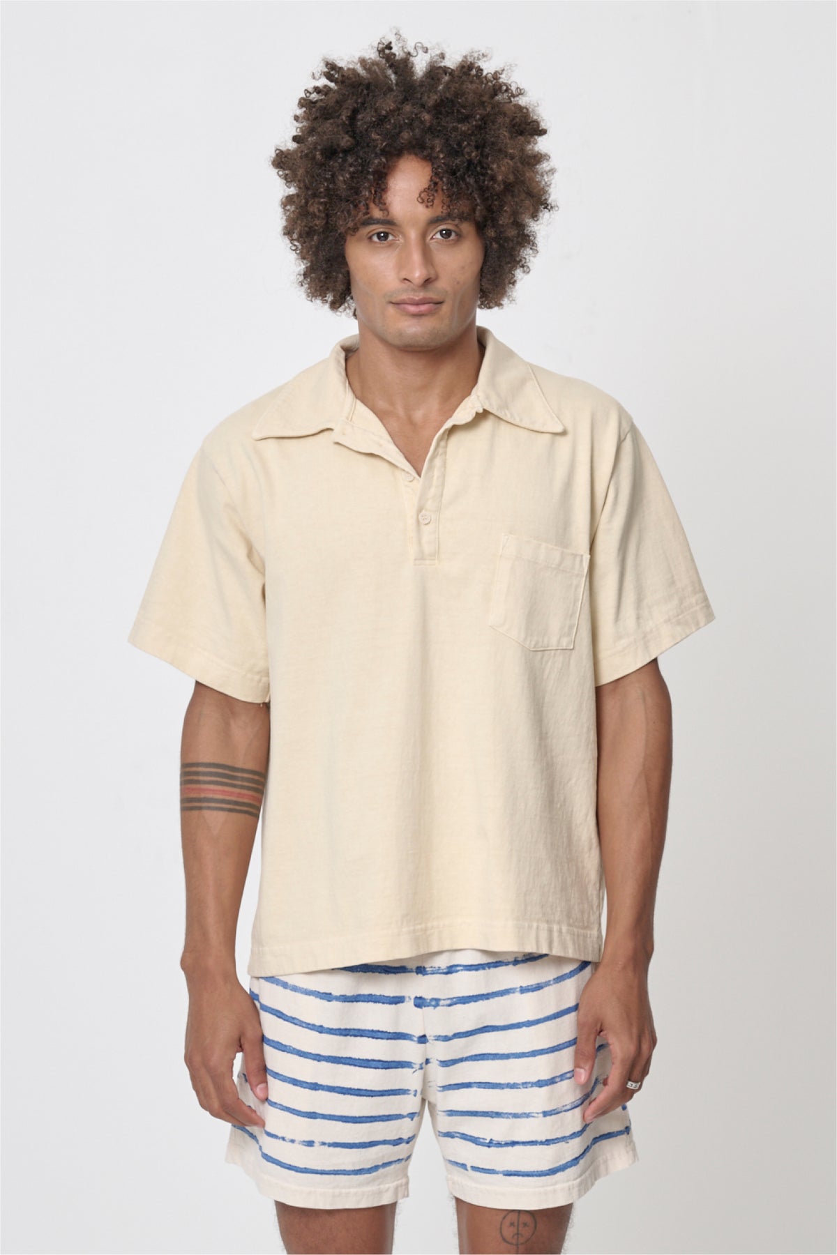 Trash Polo in Turtle Dove - front view on model