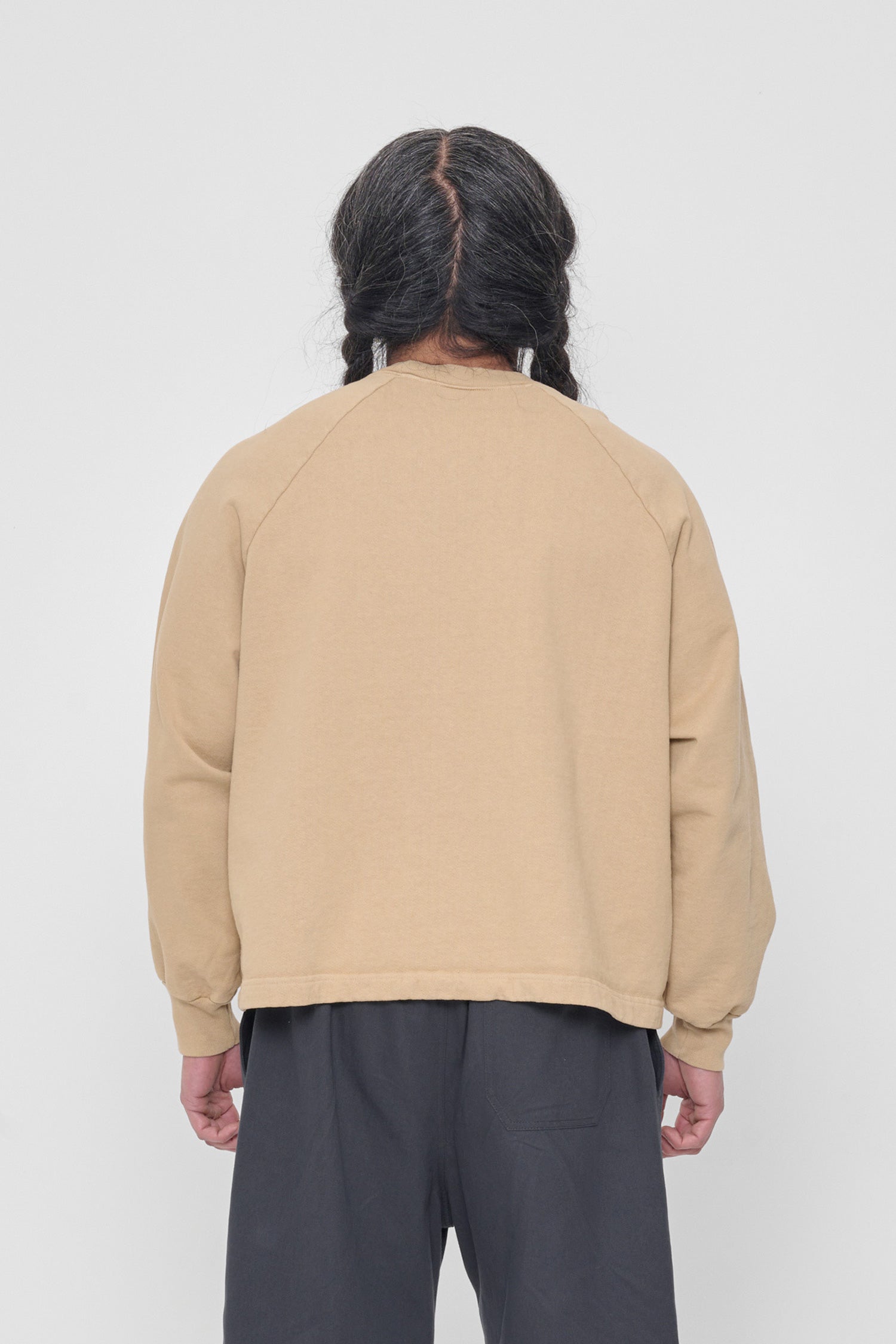 Back view: Relaxed throughout except for the rib cuffs.