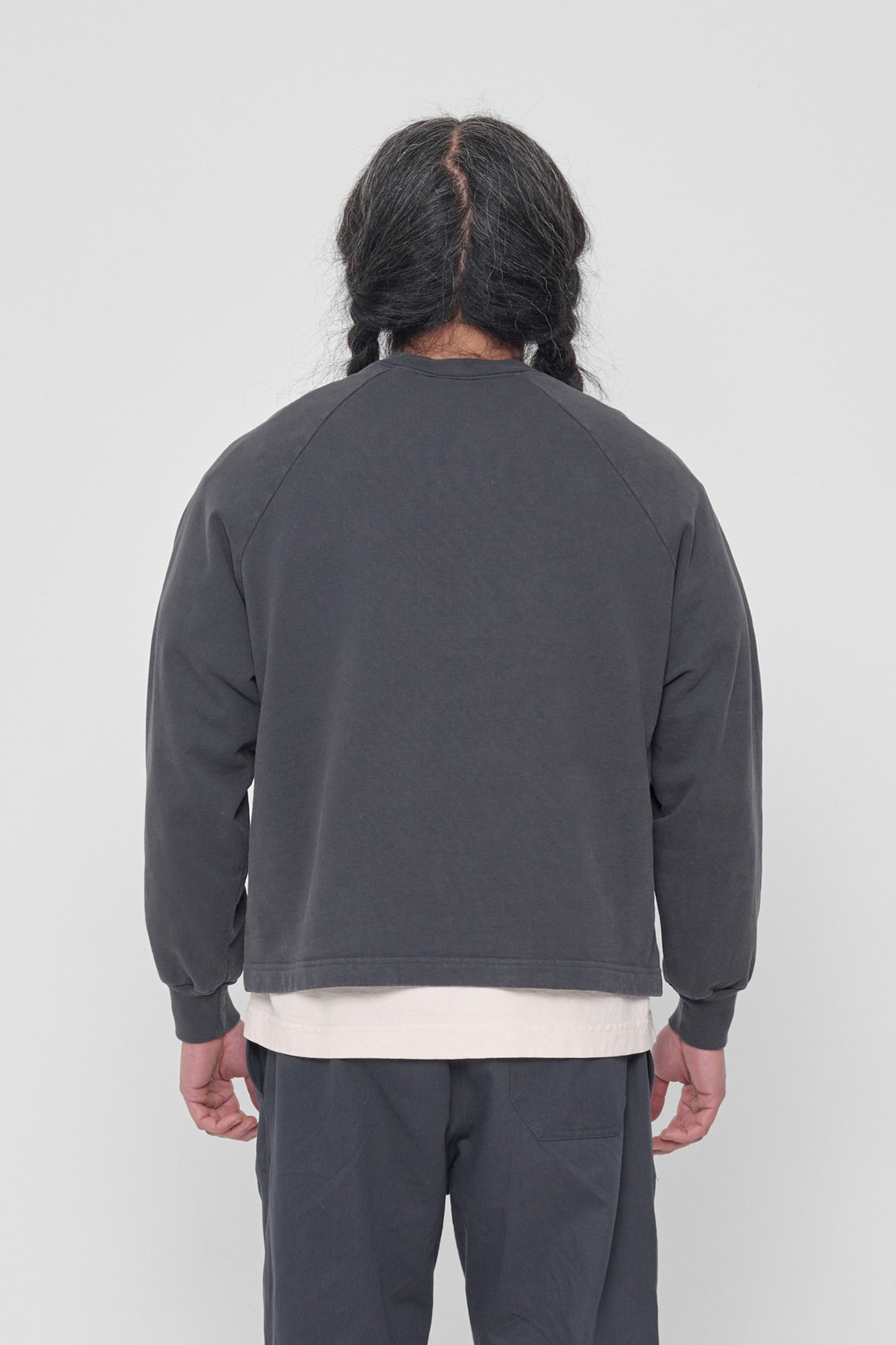 Back view: Relaxed throughout except for the rib cuffs.