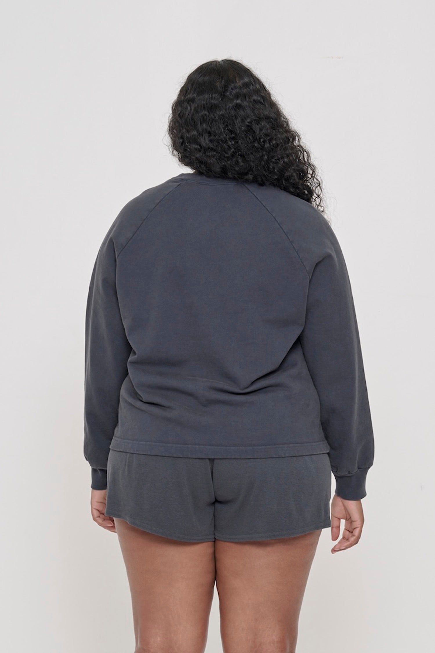 Slate Trash Crewneck, back view on a person. Relaxed throughout except for the rib cuffs.