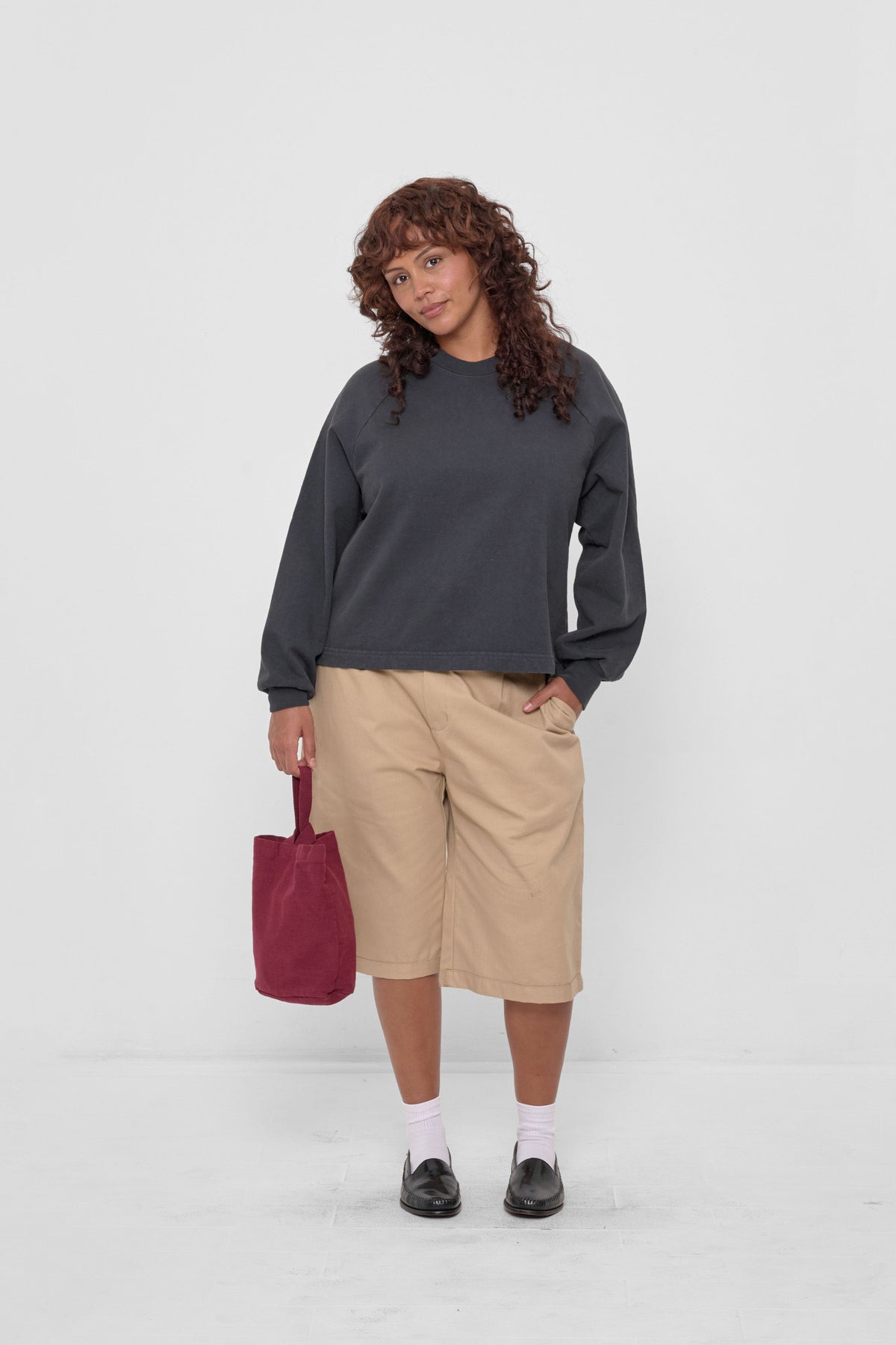 Trash Raglan in Slate - full body view on model, styled with Sand Storm Bermuda Shorts, White Spring Socks, and loafers