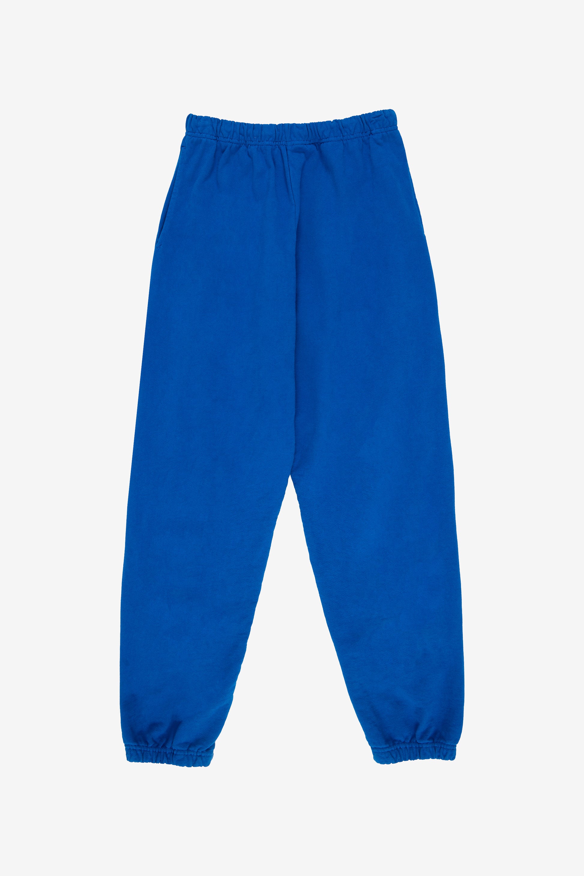 Flat lay shows straight leg with gathers at the elastic cuffs and waistband.