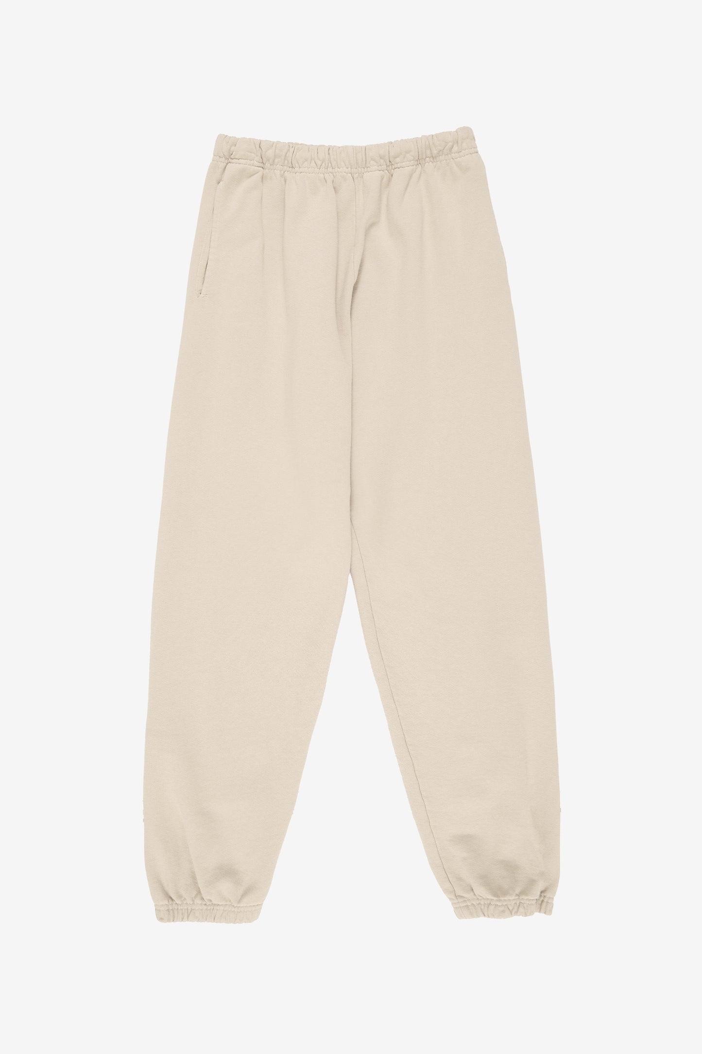 Flat lay shows straight leg with gathers at the elastic cuffs and waistband.