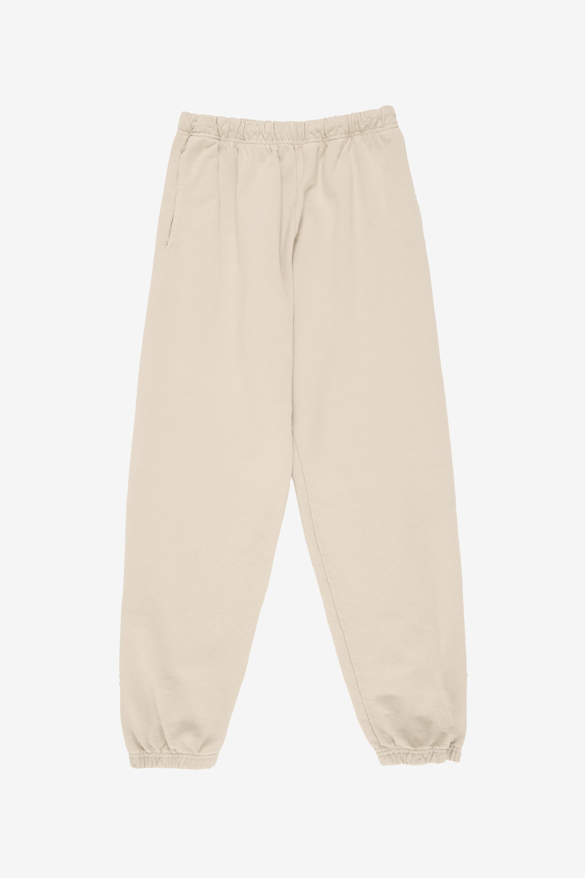 Flat lay shows straight leg with gathers at the elastic cuffs and waistband.