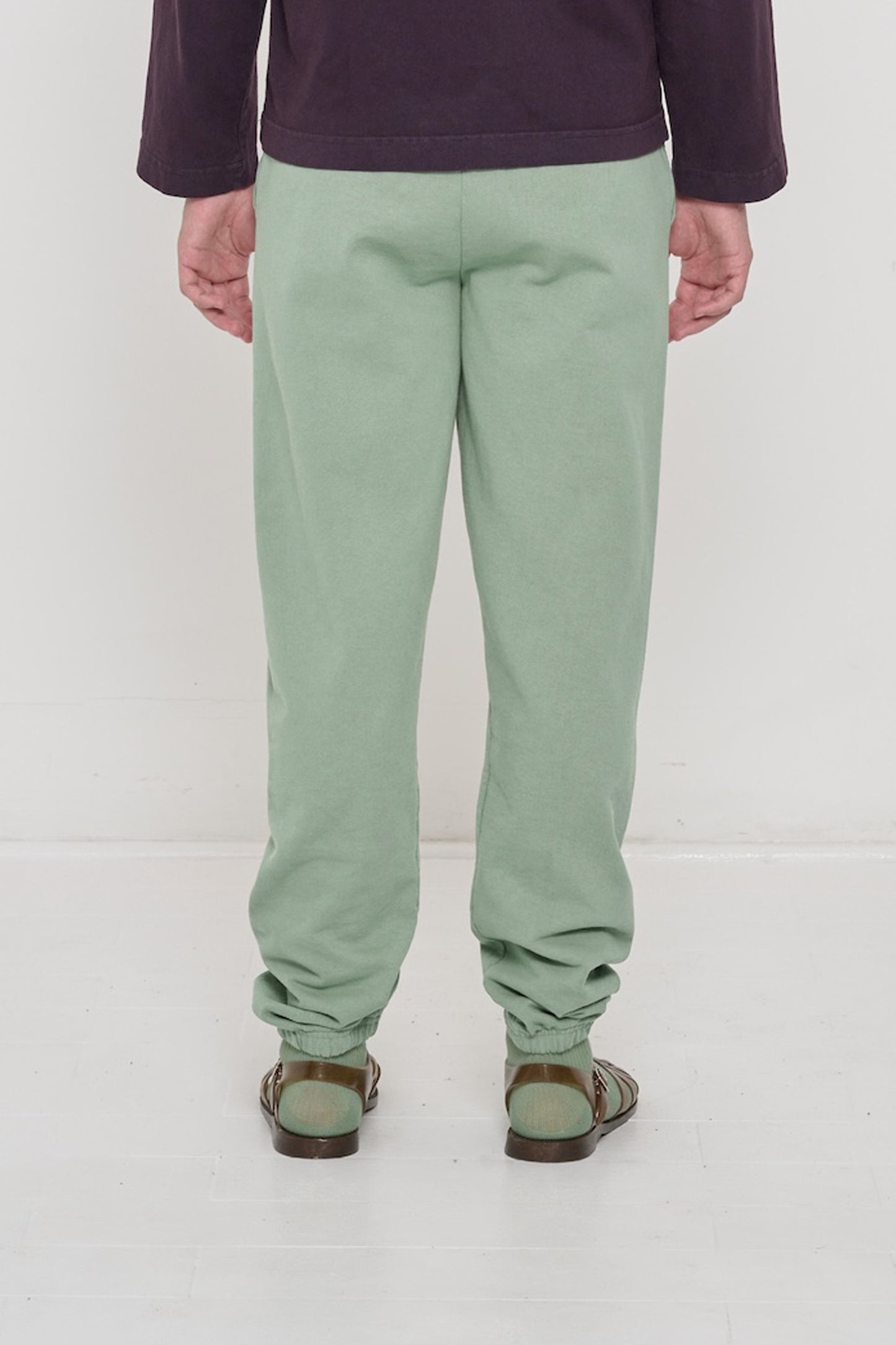 Back view of a person wearing Wasabi Trash Sweatpants, relaxed fit throughout, except for elastic waistband and cuffs.