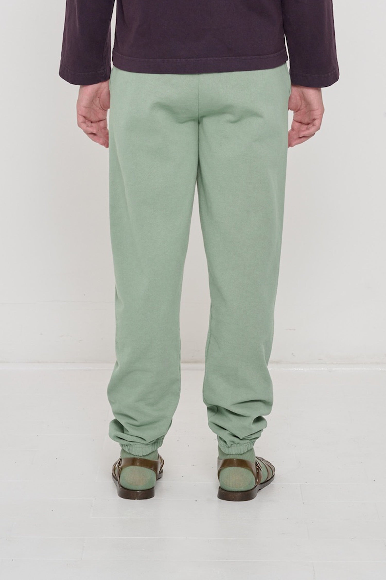 Back view of a person wearing Wasabi Trash Sweatpants, relaxed fit throughout, except for elastic waistband and cuffs.