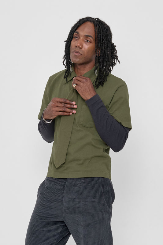 Trash Tie in Olive – on a model, 3/4 front view