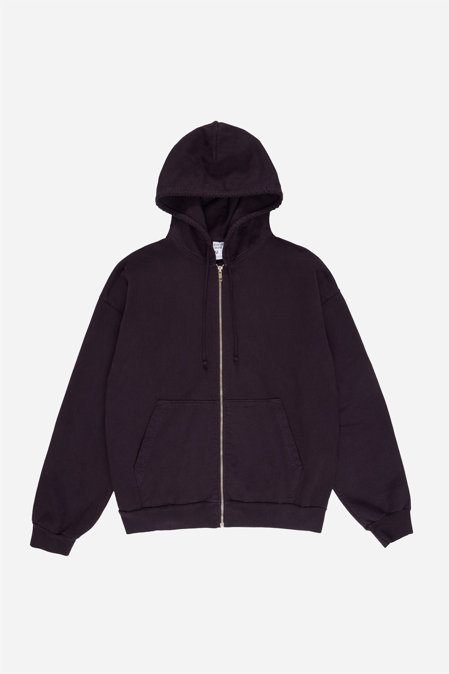 Flat lay front view of Mulberry Trash Zip Up Hoodie with hood lifted above the collar
