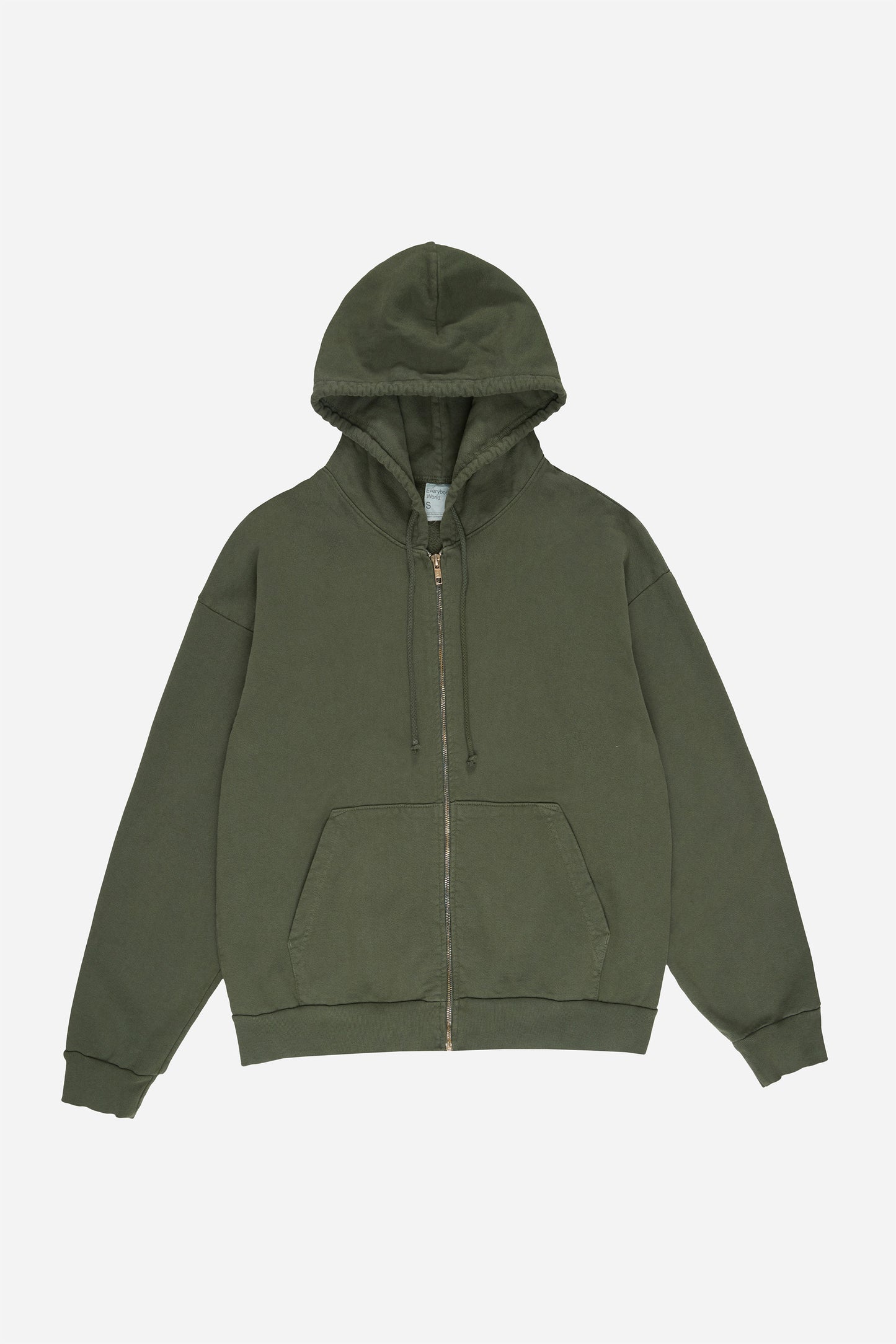 Flat lay front view of Pine Trash Zip Up Hoodie with hood lifted above the collar