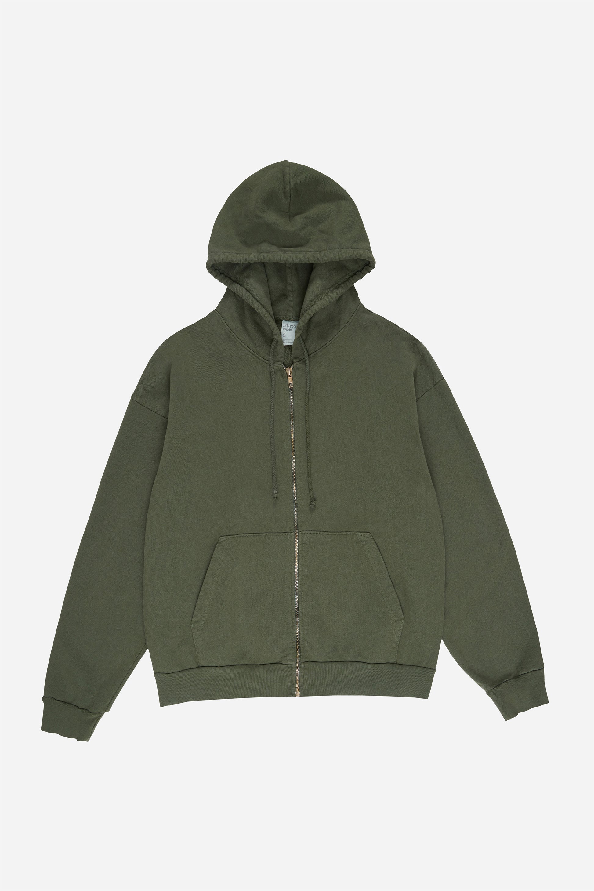 Flat lay front view of Pine Trash Zip Up Hoodie with hood lifted above the collar