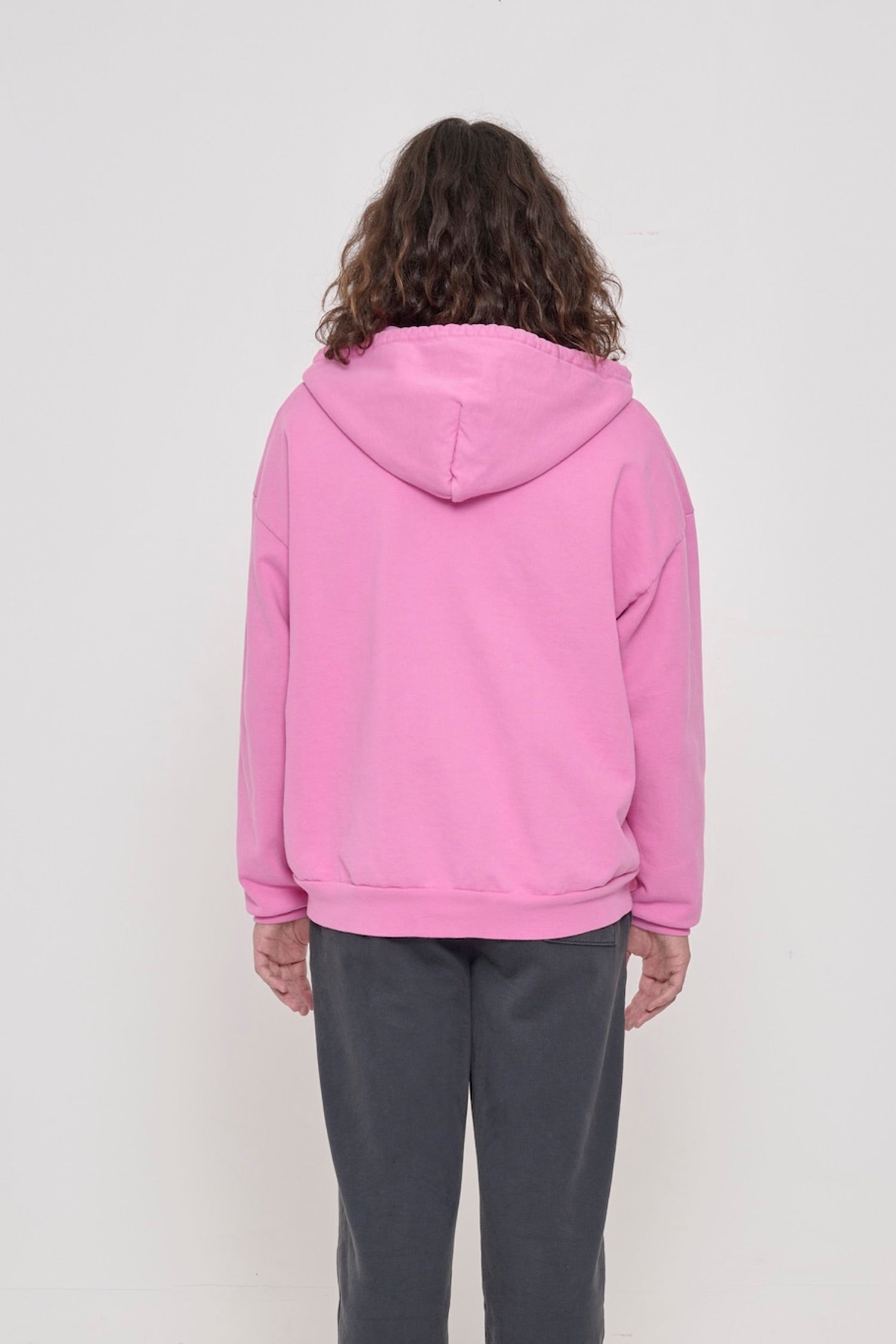 Back view of a person wearing a Pixie Trash Zip Up Hoodie, highlighting the hood.