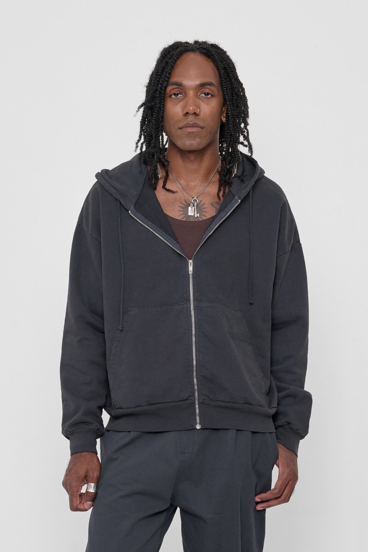 Trash Zip Up Hoodie in Slate – front view on model
