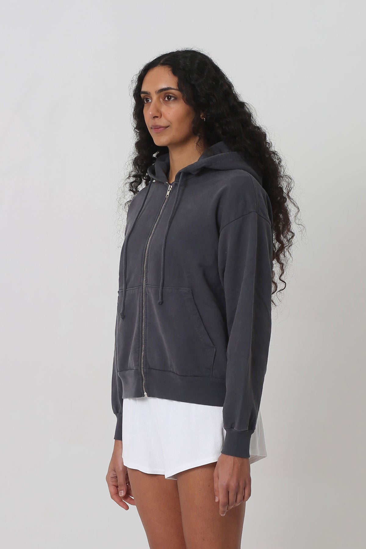 Trash Zip Up Hoodie in Slate – side view on model