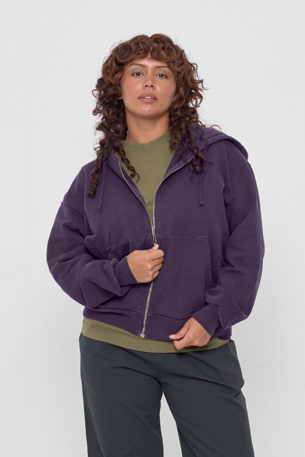 Trash Zip Up Hoodie in Washed Mulberry – front view on model