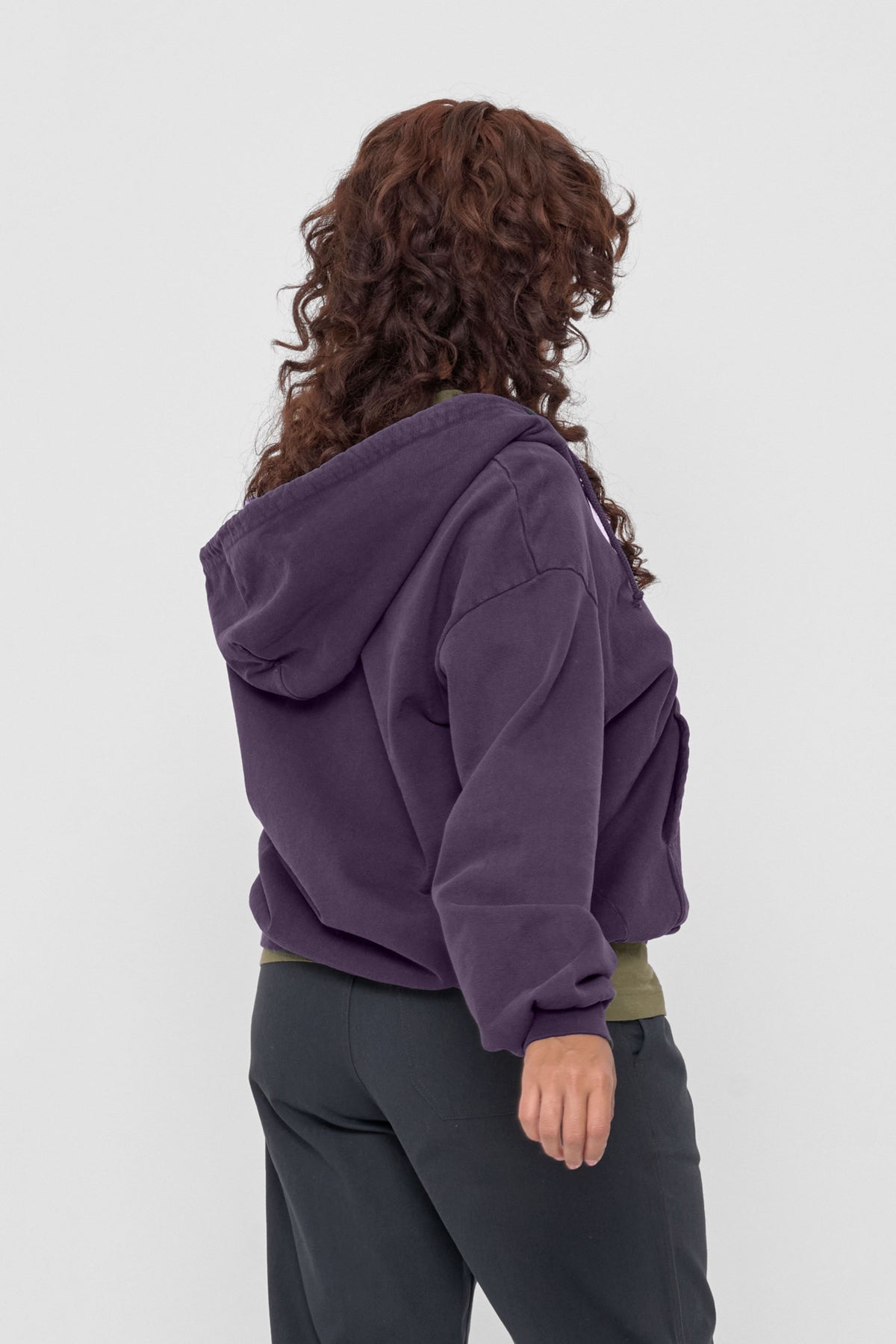 Trash Zip Up Hoodie in Washed Mulberry – back view on model