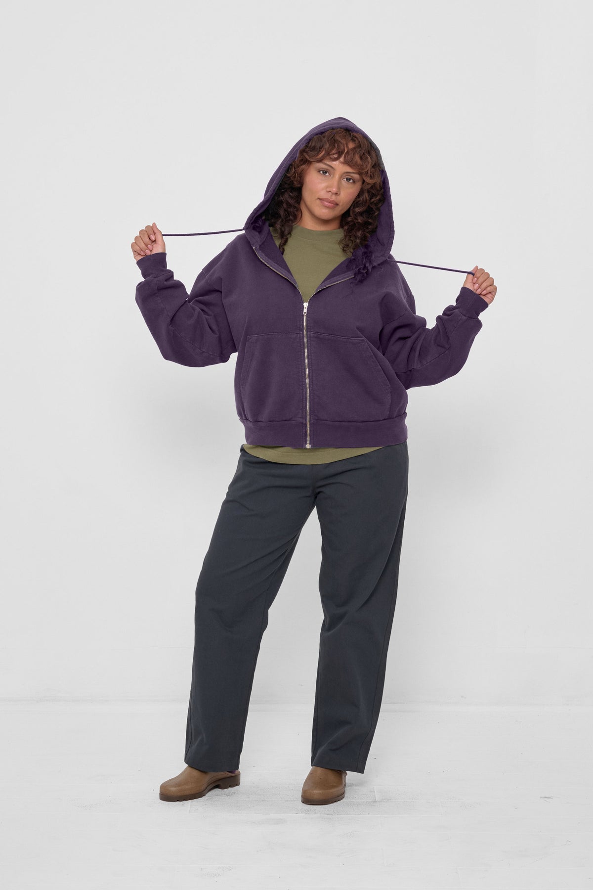 Trash Zip Up Hoodie in Washed Mulberry – front full body view on model, styled with Olive Boxier Trash Tee and Slate Life Uniform Pants.
