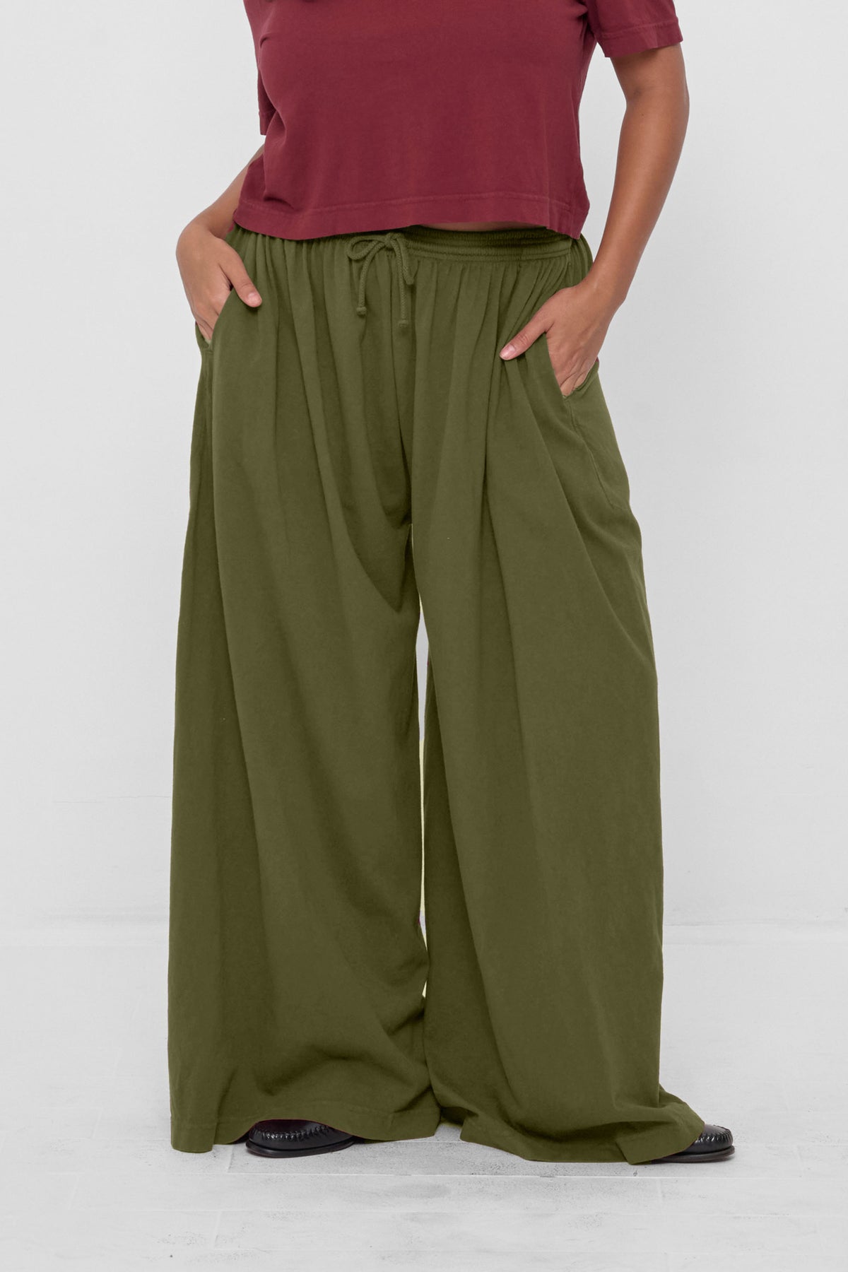 Tubular Pants in Olive – front view on model