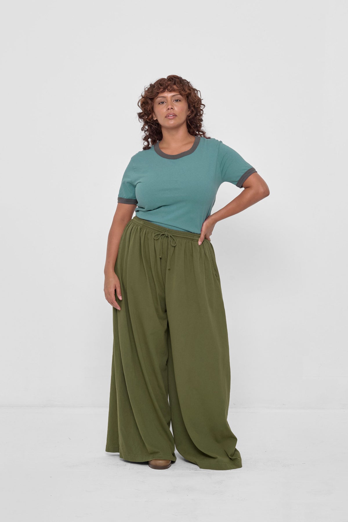 Tubular Pants in Olive – front full body view on model, styled with Oyster Ringer Trash Tee