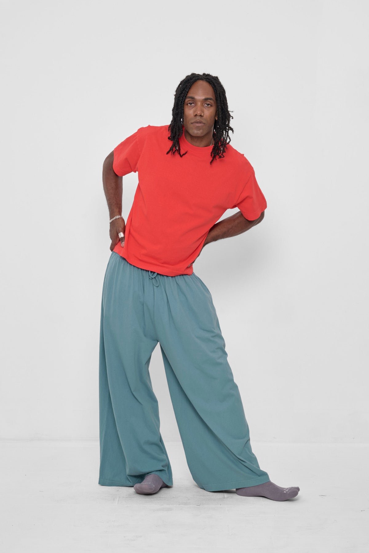 Tubular Pants in Oyster – front view on model, styled with Lava Boxier Trash Tee
