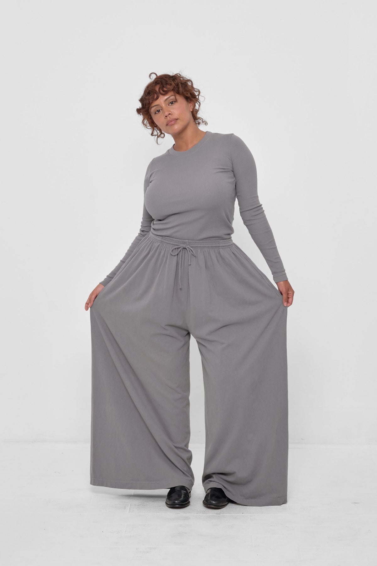 Tubular Pants in Stone – front full body view on model, styled with matching Stone Rib Long Sleeve