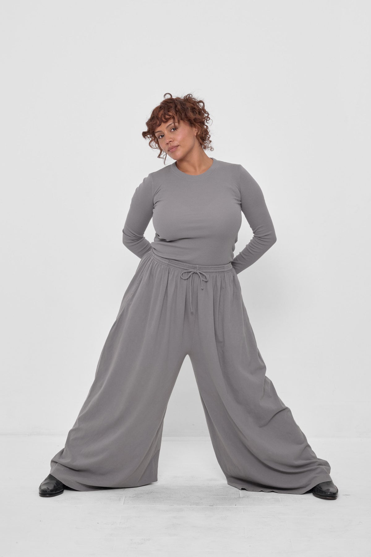 Tubular Pants in Stone – front full body view on model, styled with matching Stone Rib Long Sleeve