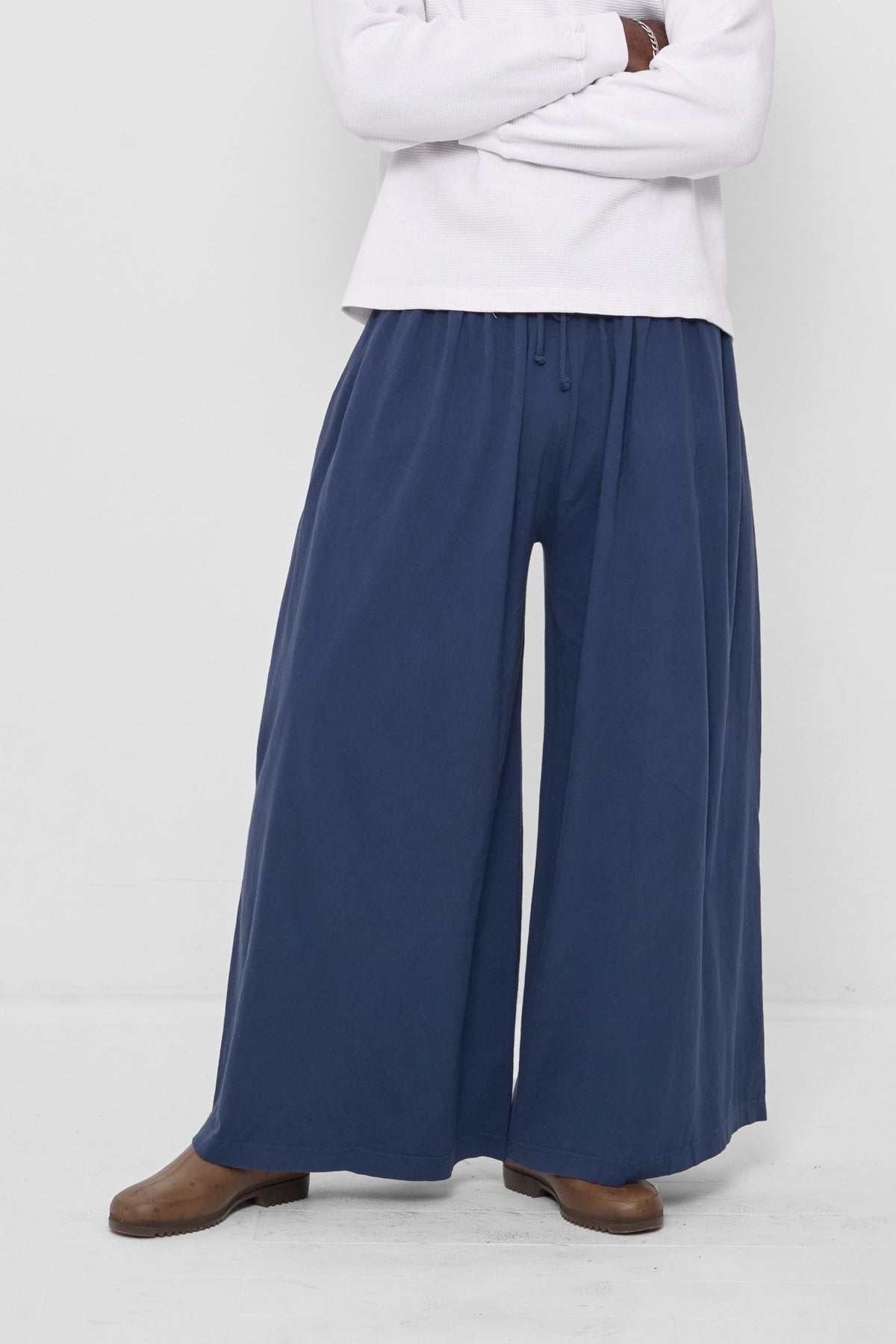 Tubular Pants in Washed Navy – front view on model
