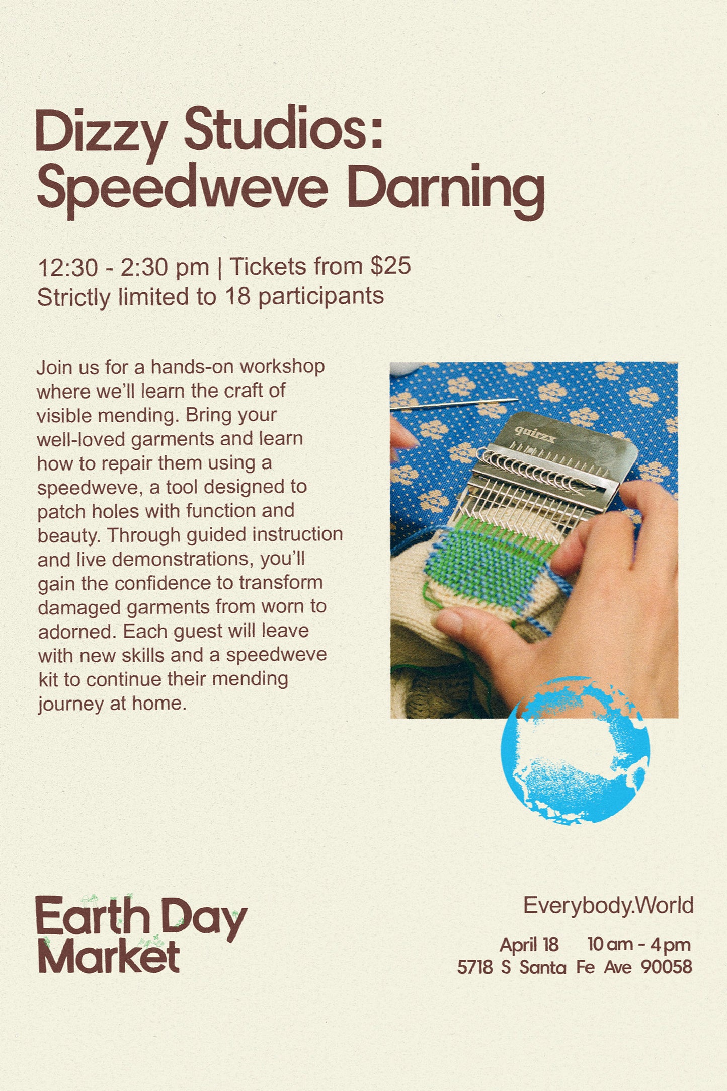 Flyer for Dizzy Studios Speedweave Darning workshop at Everybody.World's Earth Day Market.