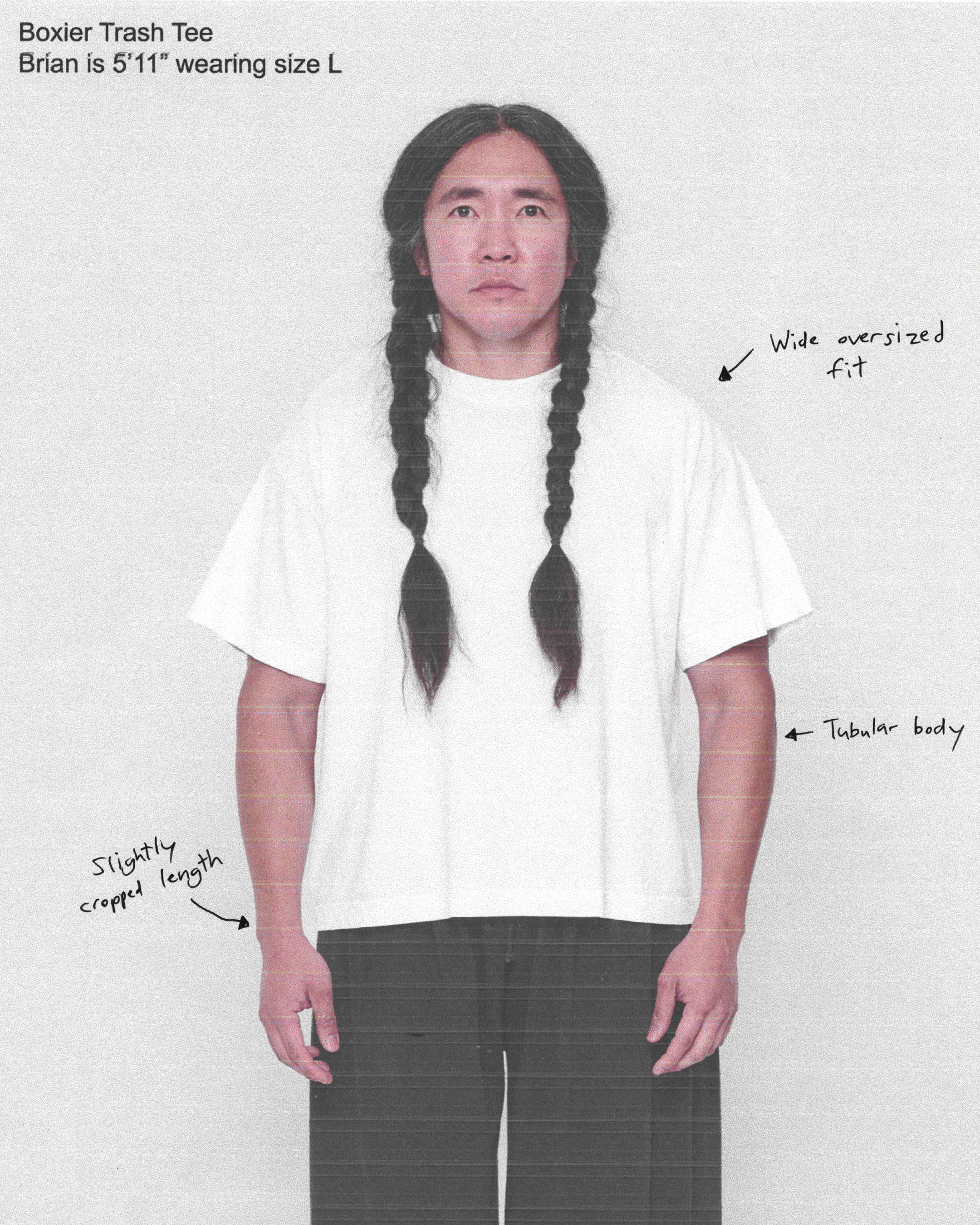 Boxier Trash Tee. Annotated to point out wide oversized fit and tubular body.