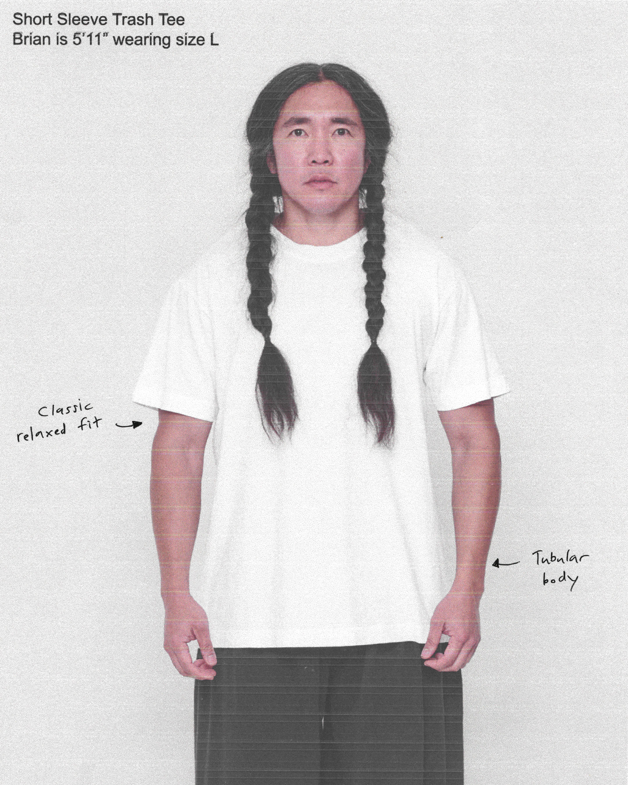 Short Sleeve Trash Tee. Annotated to point out classic relaxed fit and tubular body.
