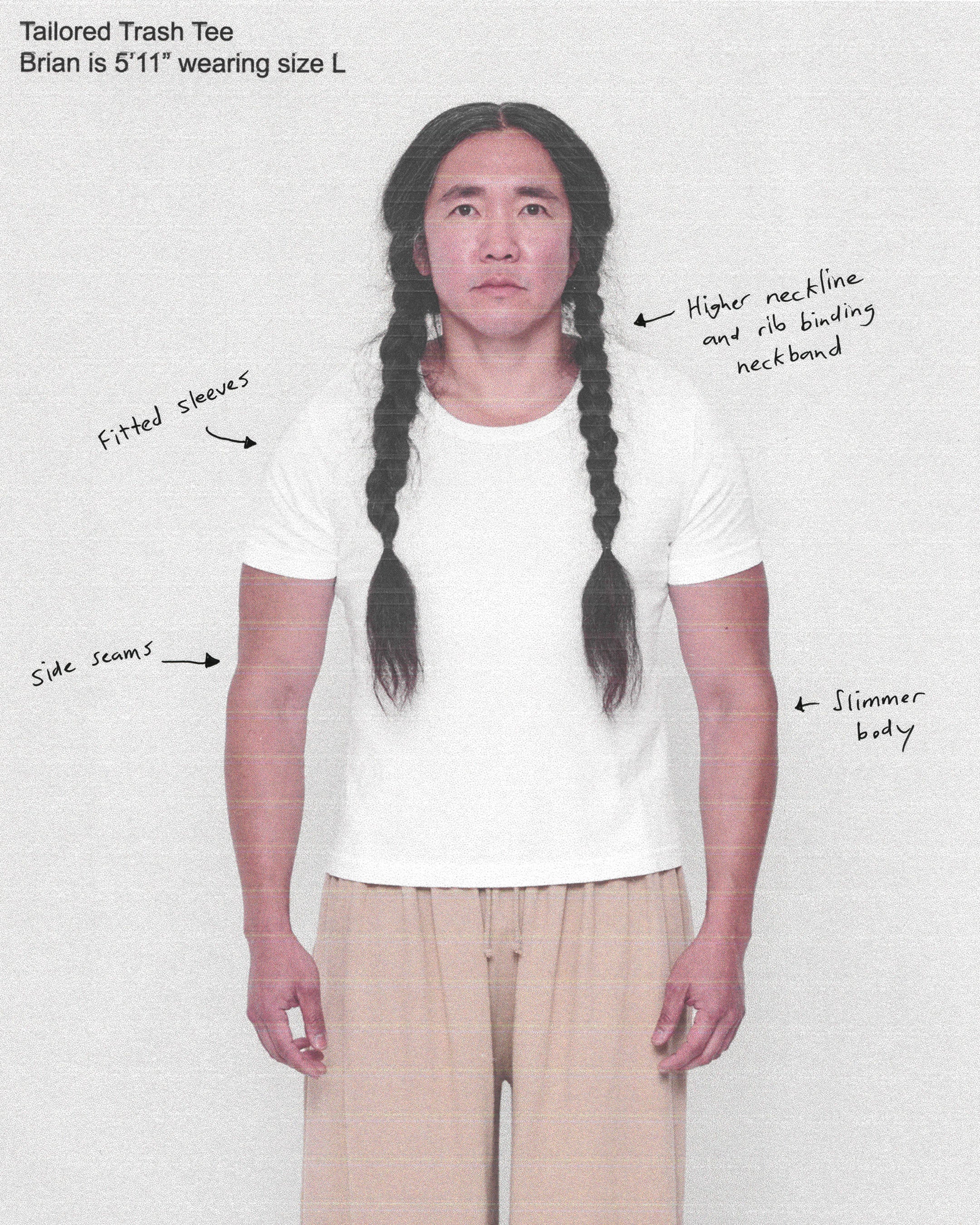 Tailored Trash Tee. Annotated to describe fitted sleeves, high neckline with rib binding neckband, side seams, and slim body.