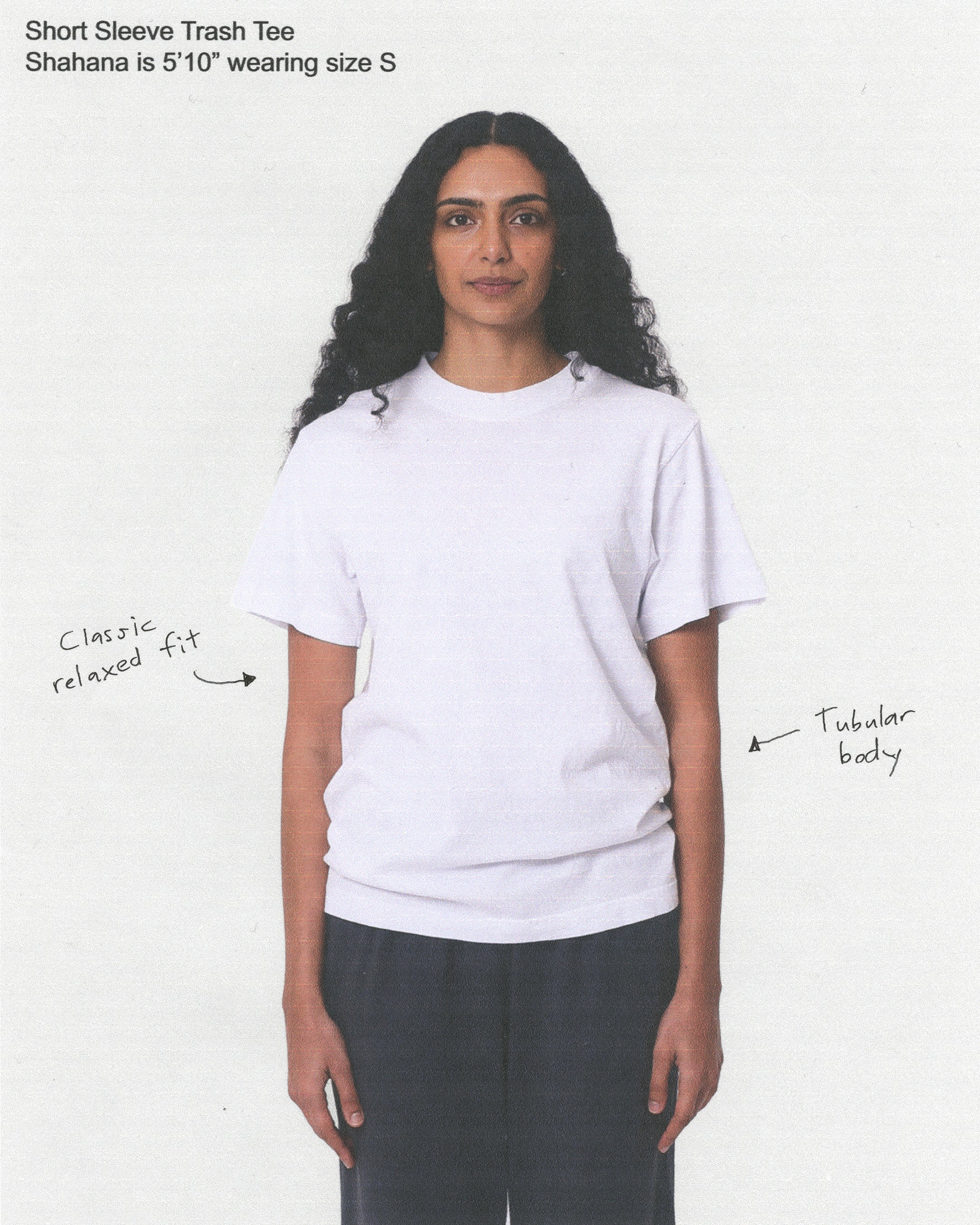 Short Sleeve Trash Tee. Annotated to point out classic relaxed fit and tubular body.