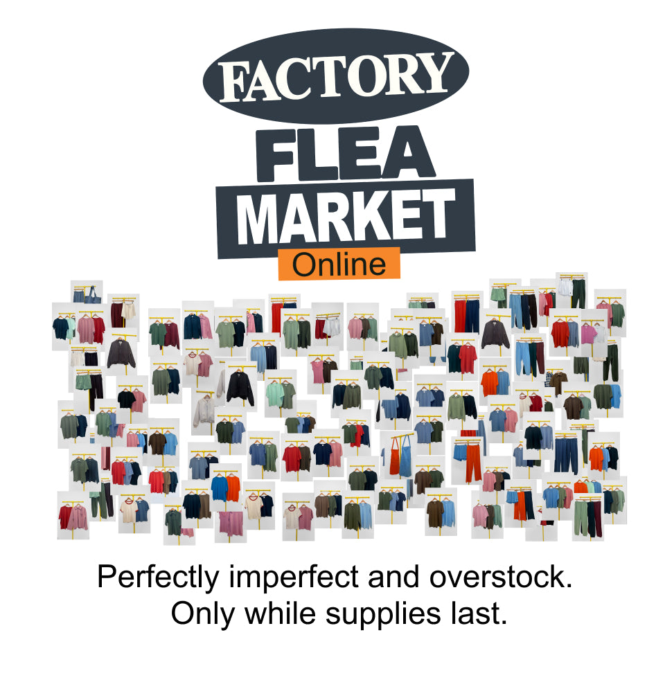 Promotional graphic for 'Factory Flea Market Online' featuring a collage of clothing items on hangers, with text reading 'Perfectly imperfect and overstock. Only while supplies last.